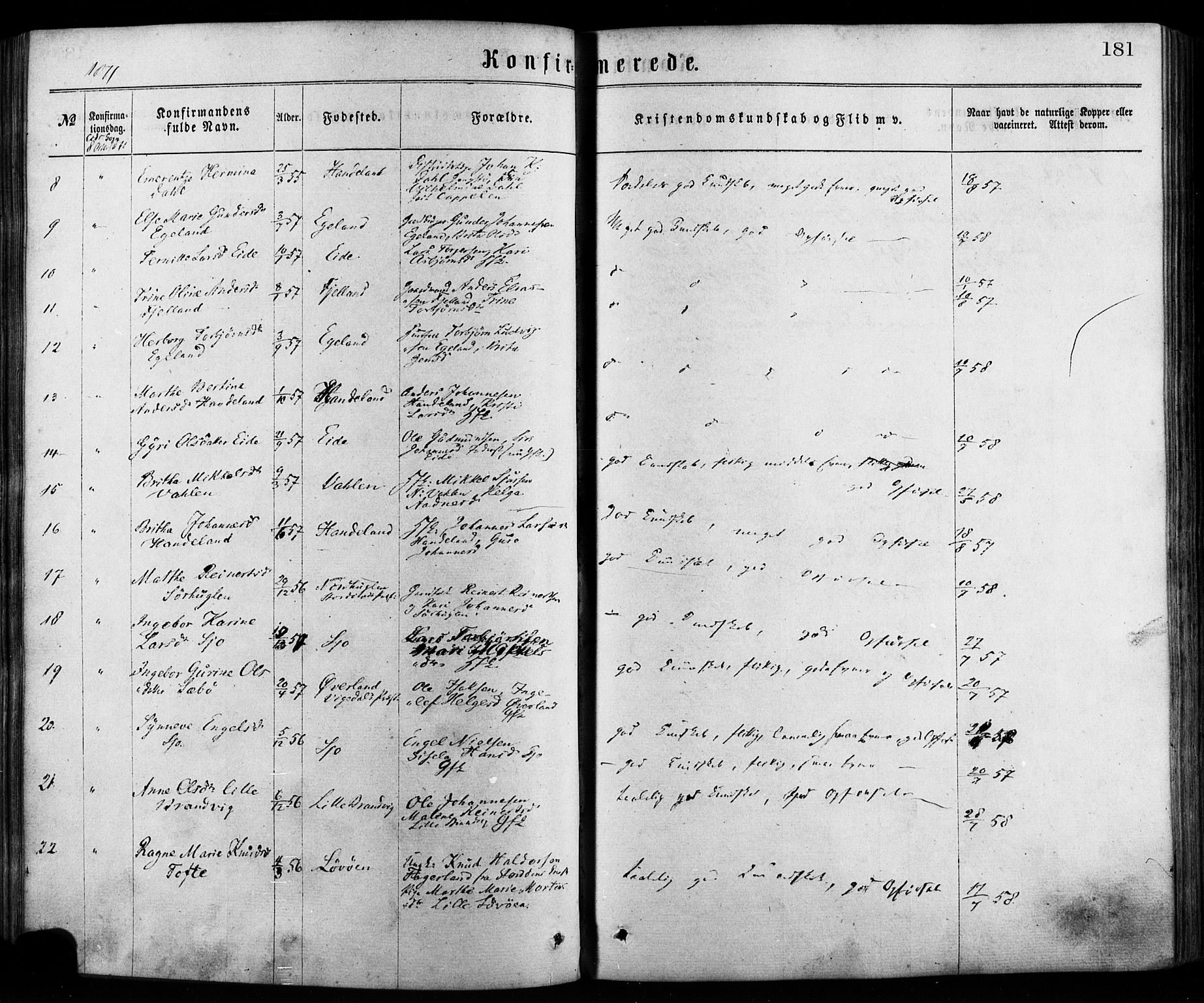 Fjelberg sokneprestembete, SAB/A-75201/H/Haa: Parish register (official) no. A 8, 1866-1879, p. 181