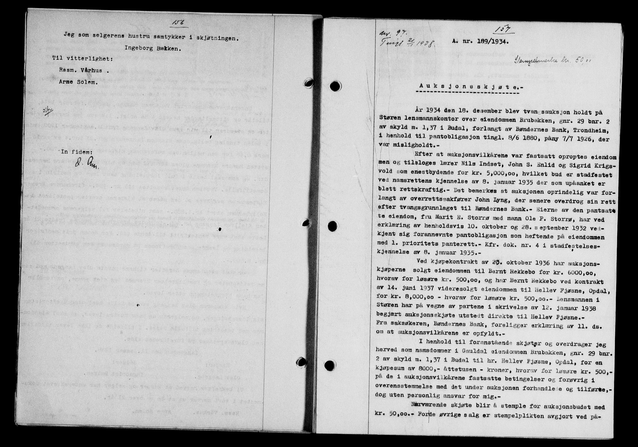 Gauldal sorenskriveri, SAT/A-0014/1/2/2C/L0048: Mortgage book no. 51-52, 1937-1938, p. 156-157, Diary no: : 97/1938