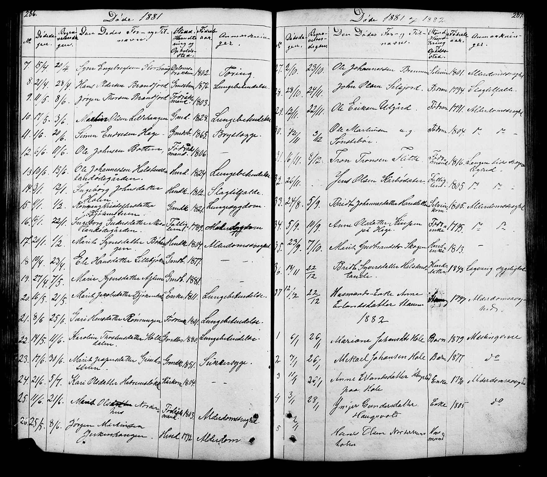 Lesja prestekontor, SAH/PREST-068/H/Ha/Hab/L0005: Parish register (copy) no. 5, 1850-1894, p. 286-287