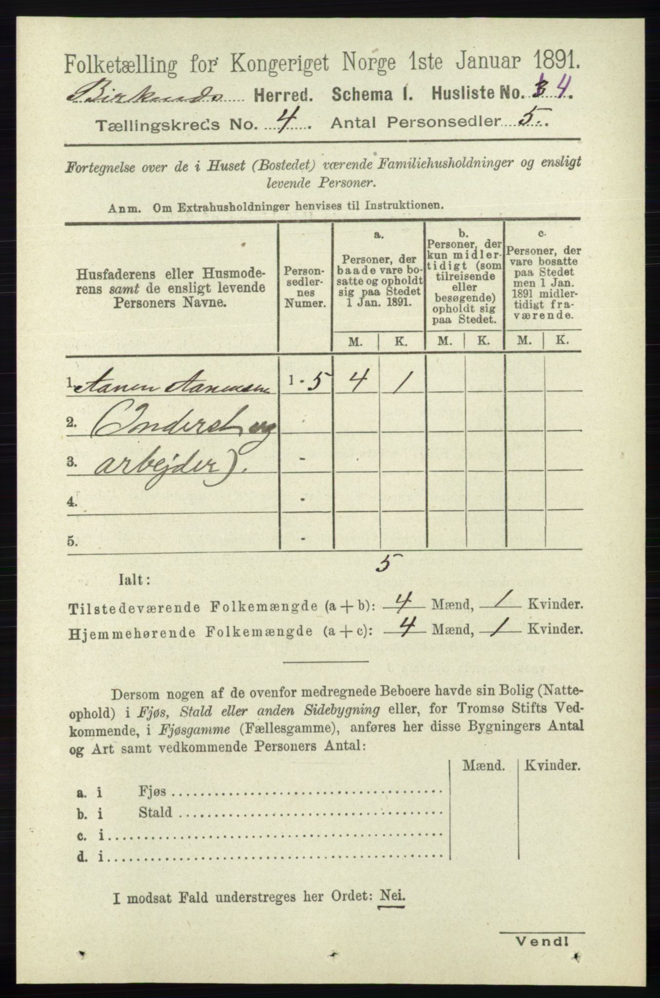 RA, 1891 Census for 0928 Birkenes, 1891, p. 1205