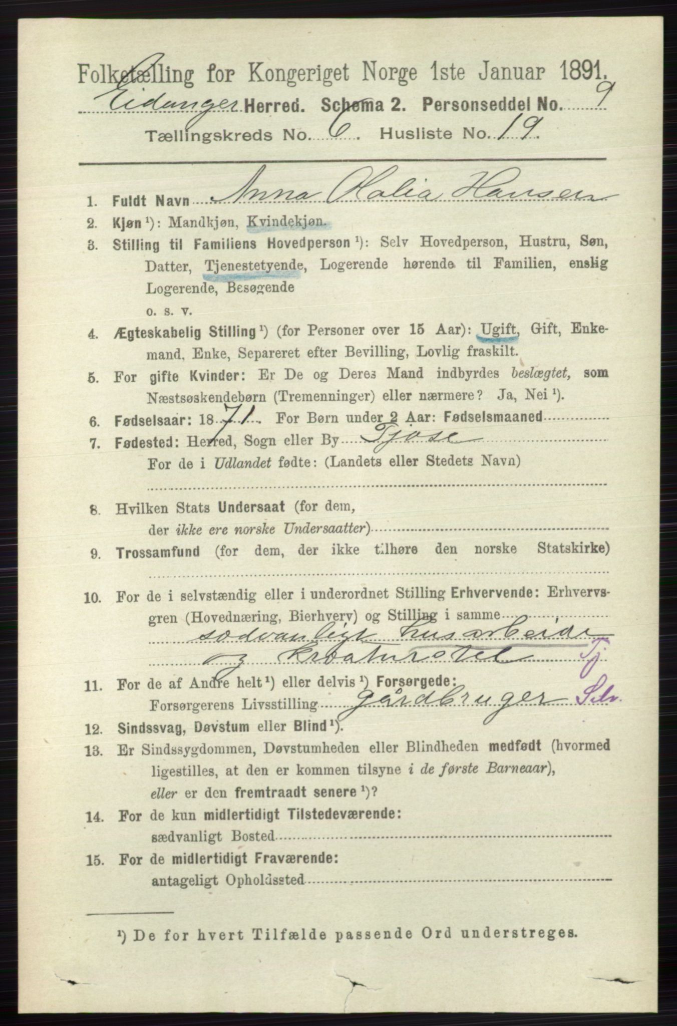 RA, 1891 census for 0813 Eidanger, 1891, p. 2709