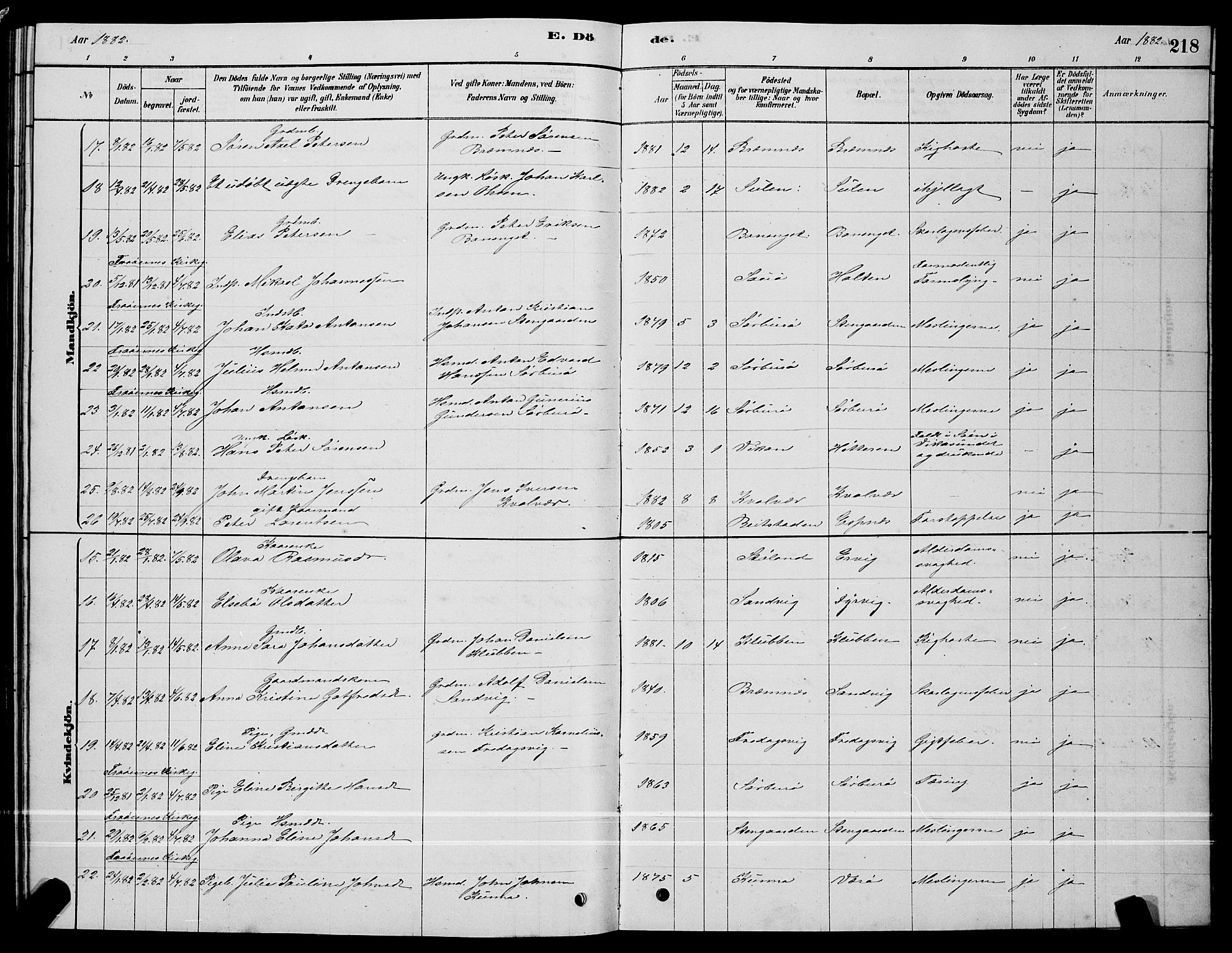 Ministerialprotokoller, klokkerbøker og fødselsregistre - Sør-Trøndelag, AV/SAT-A-1456/640/L0585: Parish register (copy) no. 640C03, 1878-1891, p. 218