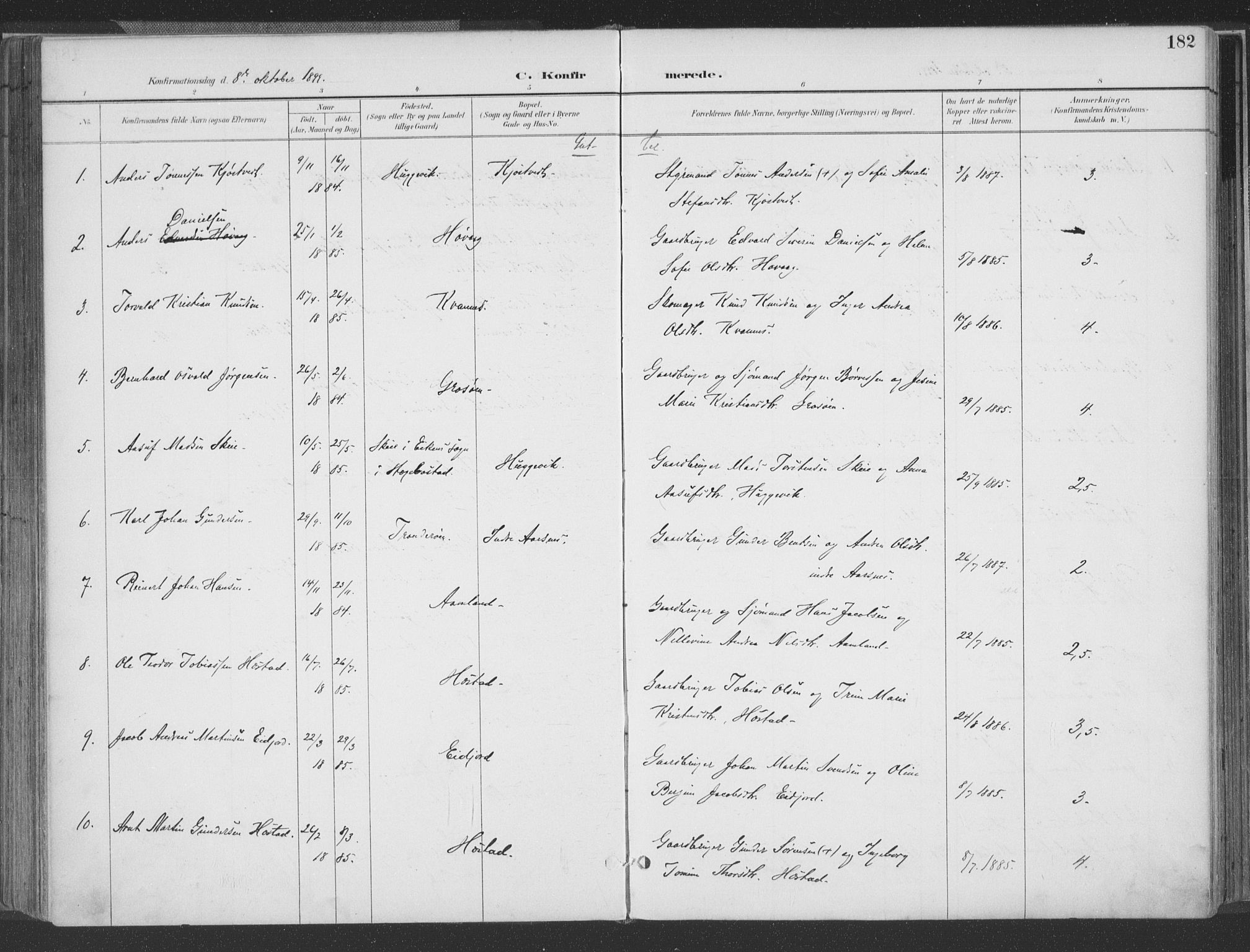 Høvåg sokneprestkontor, AV/SAK-1111-0025/F/Fa/L0006: Parish register (official) no. A 6, 1894-1923, p. 182