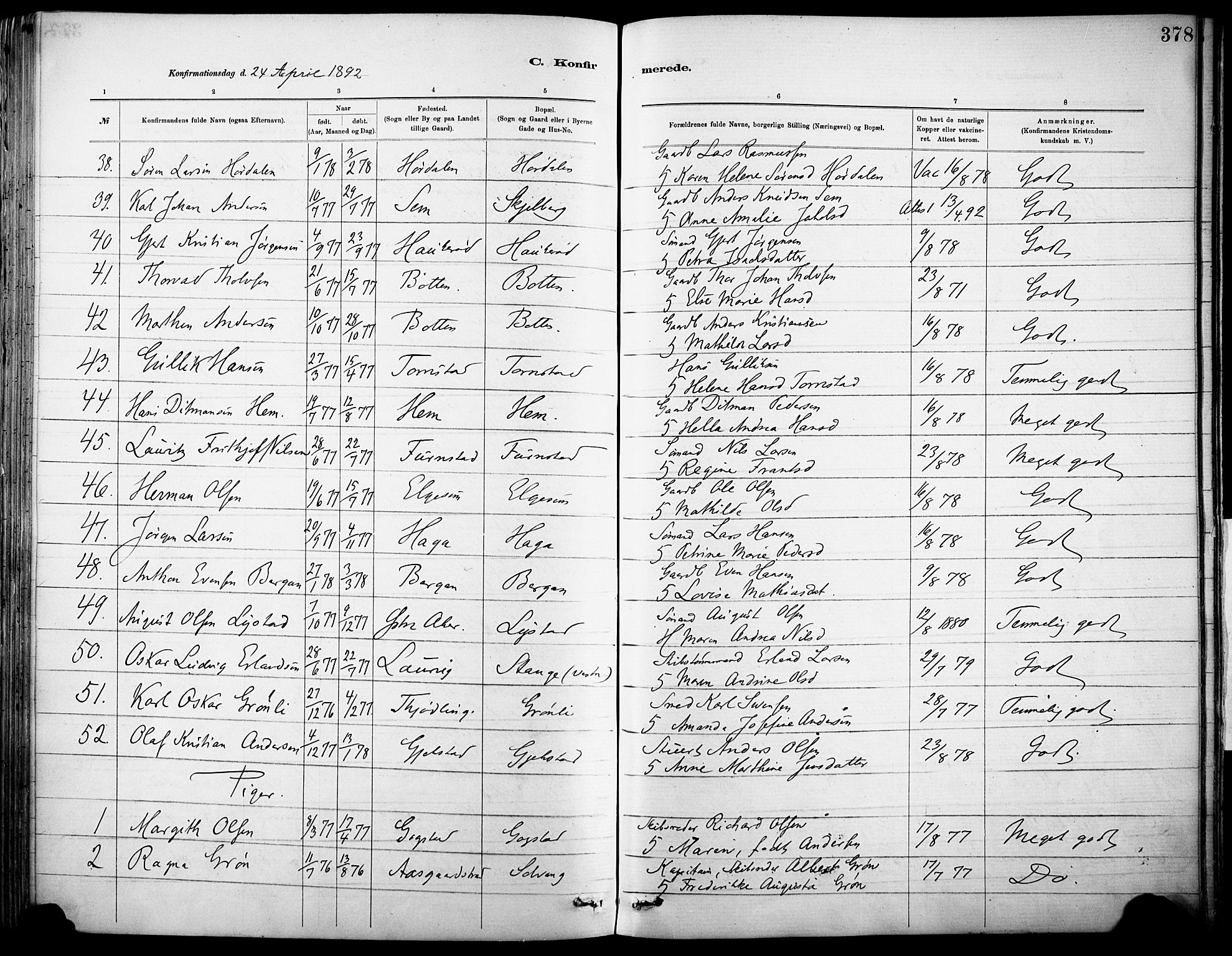 Sandar kirkebøker, AV/SAKO-A-243/F/Fa/L0012: Parish register (official) no. 12, 1883-1895, p. 378