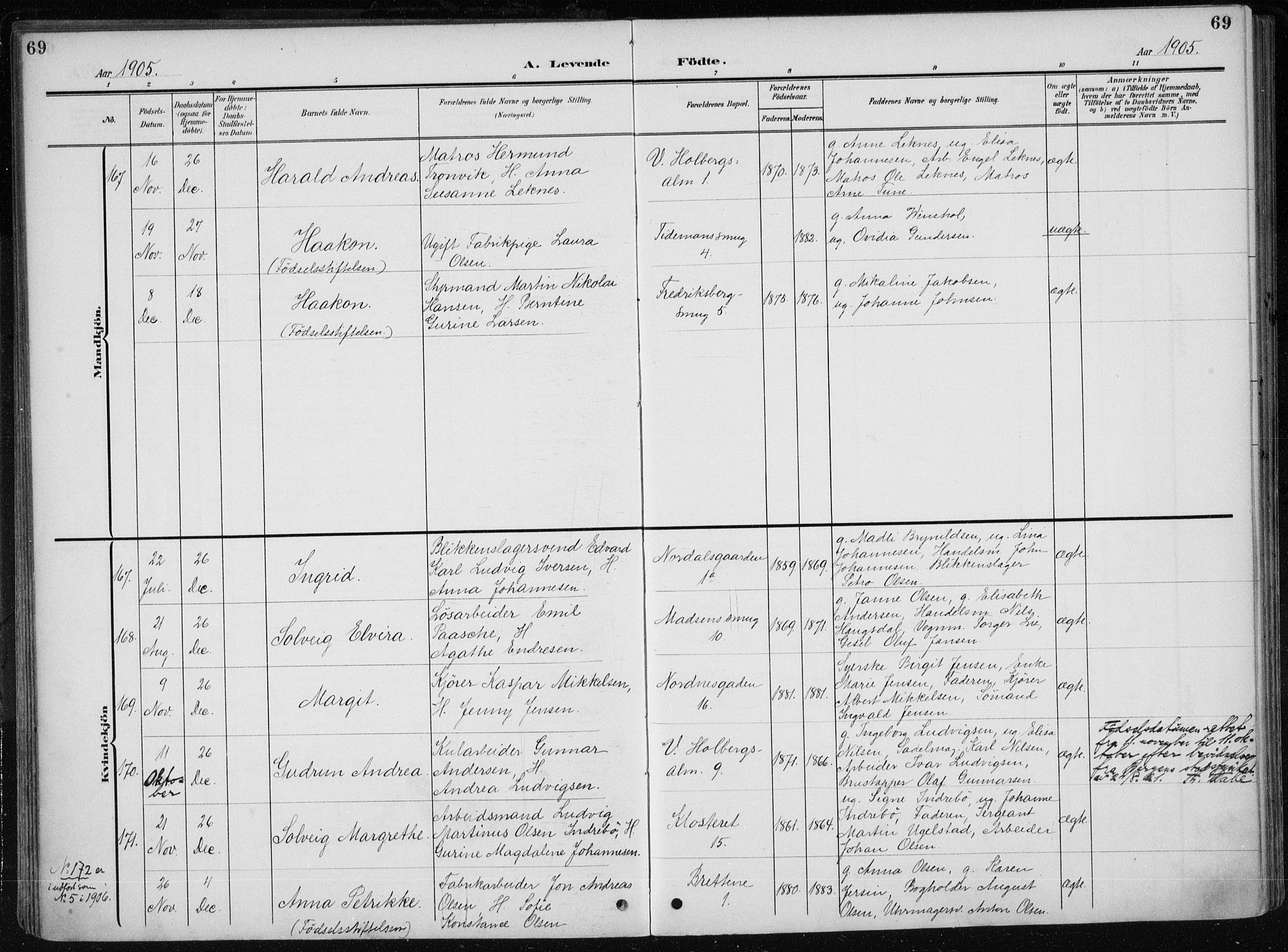 Nykirken Sokneprestembete, AV/SAB-A-77101/H/Haa/L0019: Parish register (official) no. B 7, 1904-1916, p. 69