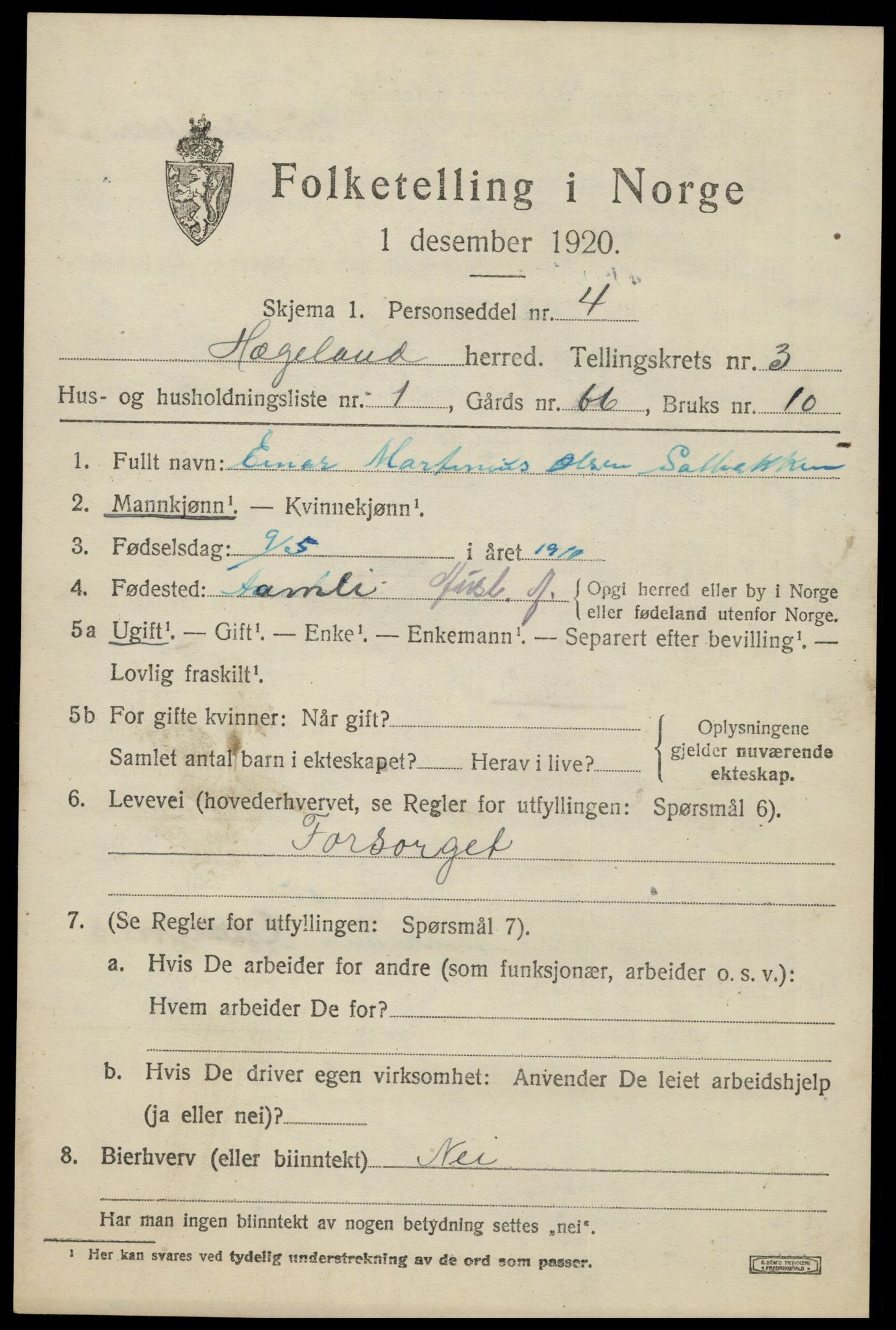 SAK, 1920 census for Hægeland, 1920, p. 943