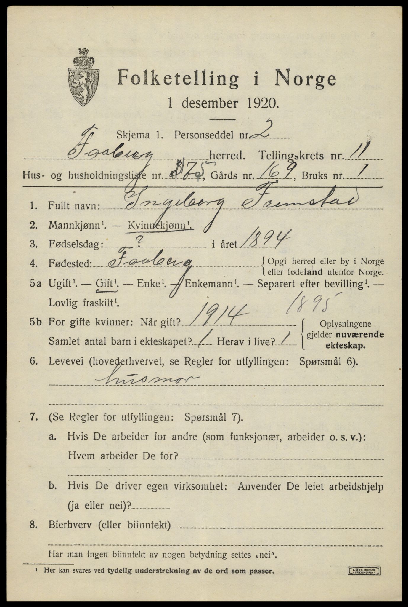 SAH, 1920 census for Fåberg, 1920, p. 12716