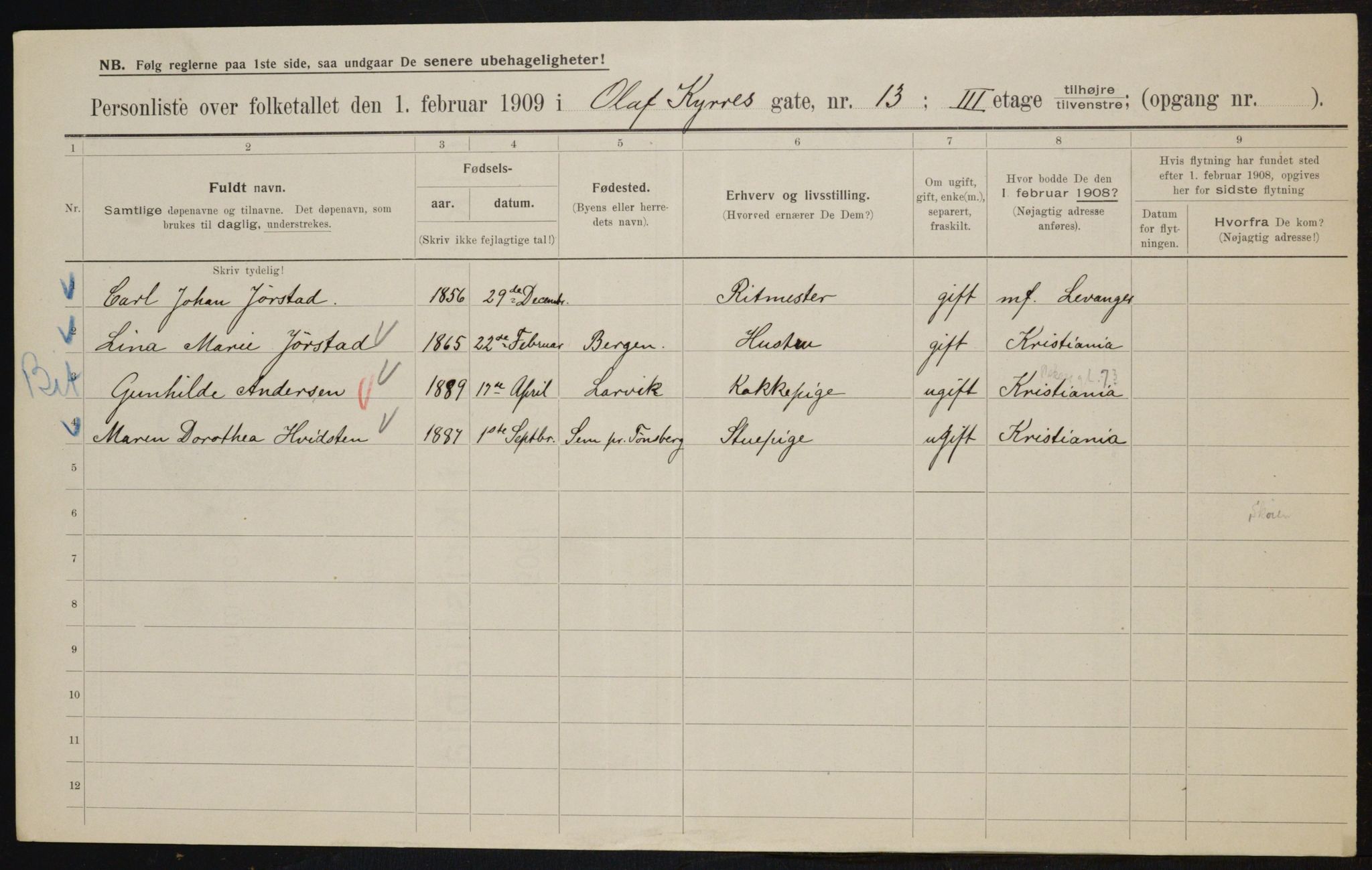 OBA, Municipal Census 1909 for Kristiania, 1909, p. 68218