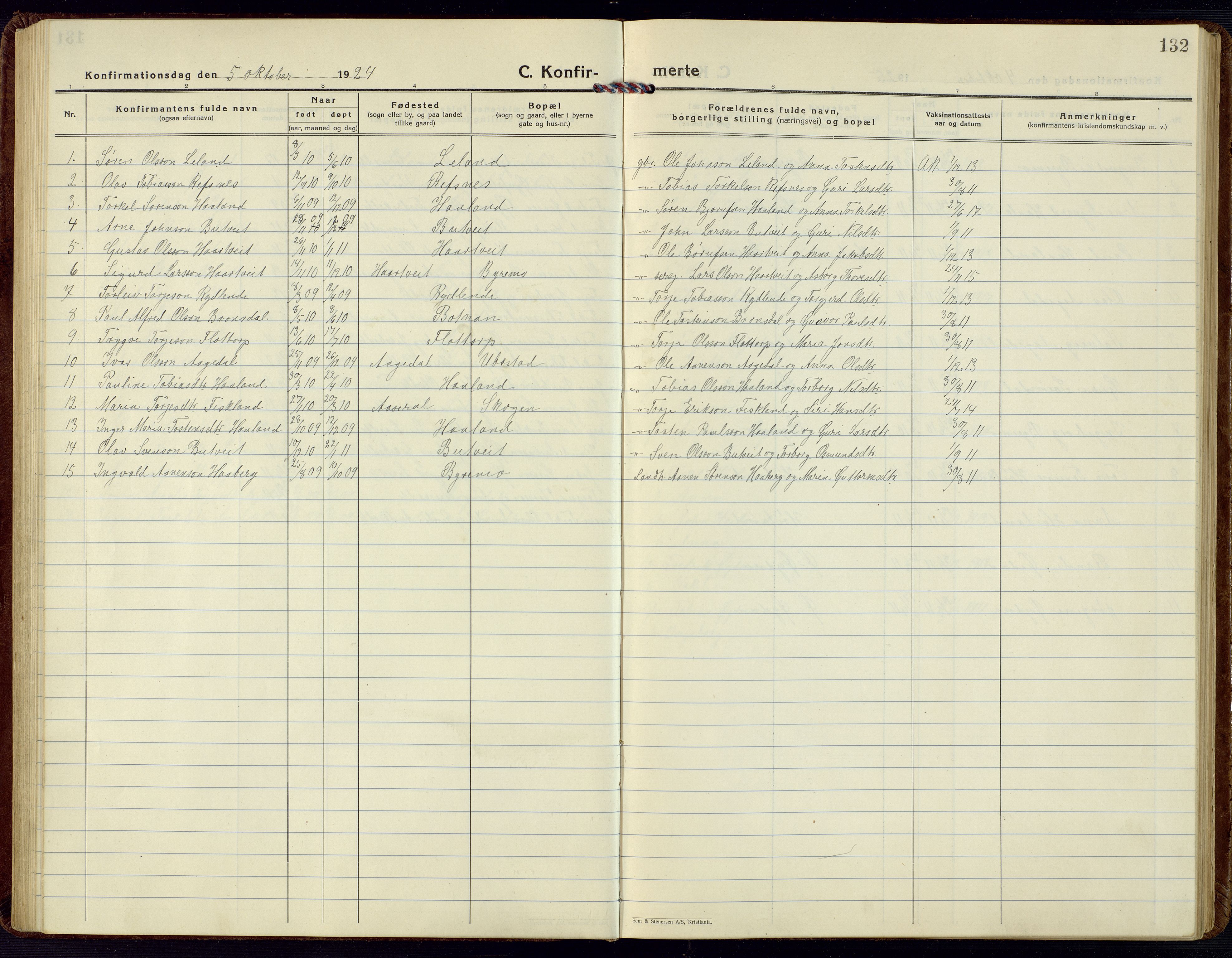 Bjelland sokneprestkontor, SAK/1111-0005/F/Fb/Fbc/L0004: Parish register (copy) no. B 4, 1921-1978, p. 132