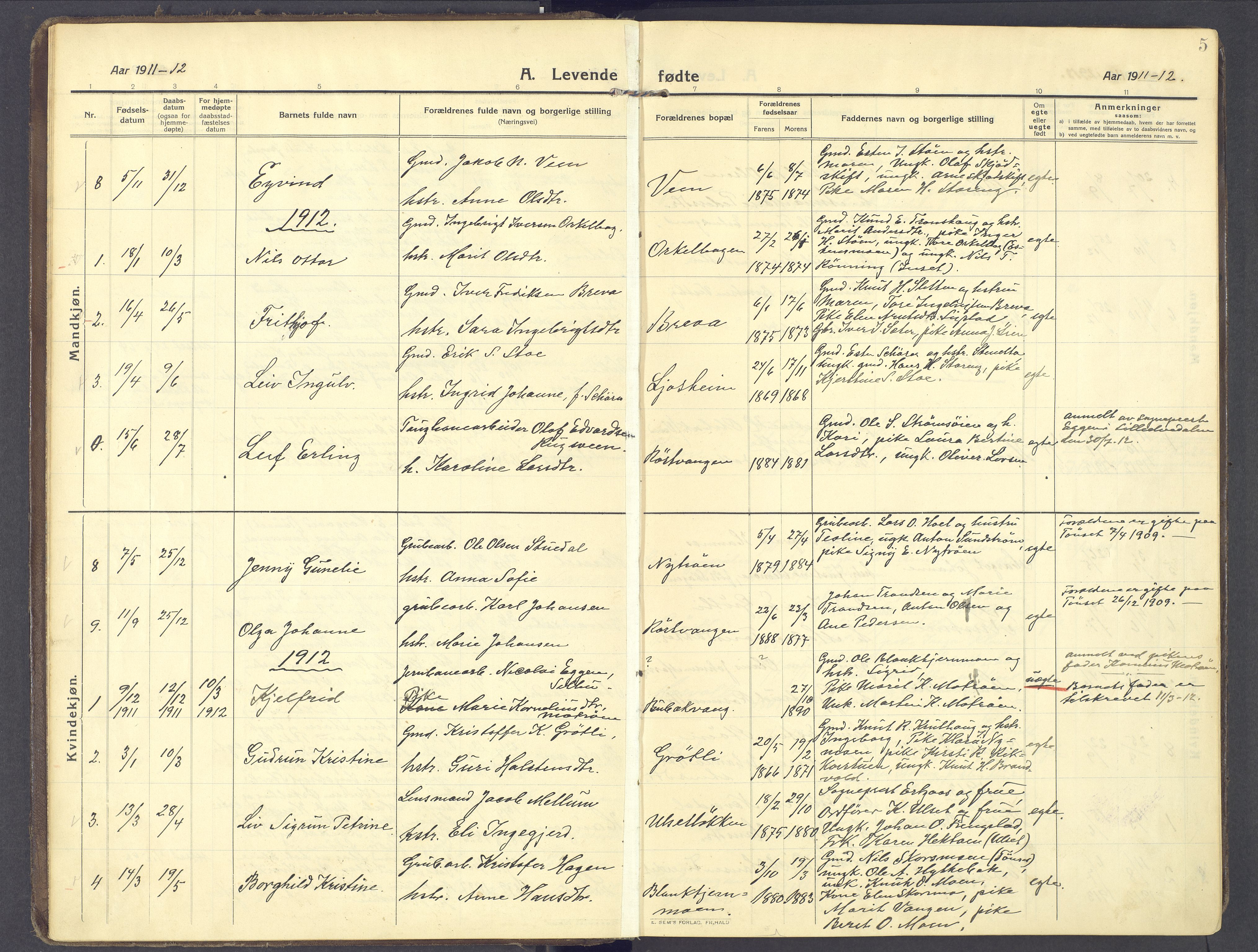 Kvikne prestekontor, SAH/PREST-064/H/Ha/Haa/L0009: Parish register (official) no. 9, 1911-1942, p. 5