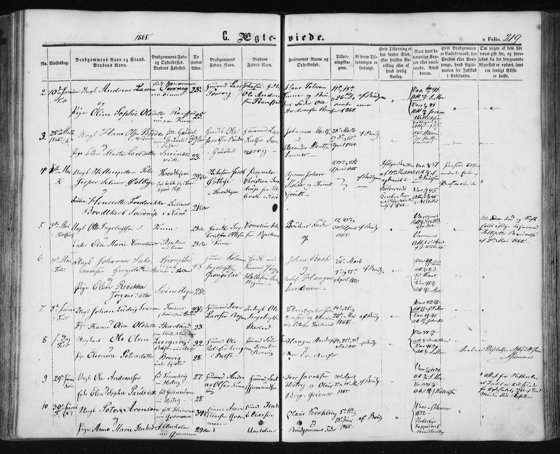 Ministerialprotokoller, klokkerbøker og fødselsregistre - Nord-Trøndelag, SAT/A-1458/780/L0641: Parish register (official) no. 780A06, 1857-1874, p. 219