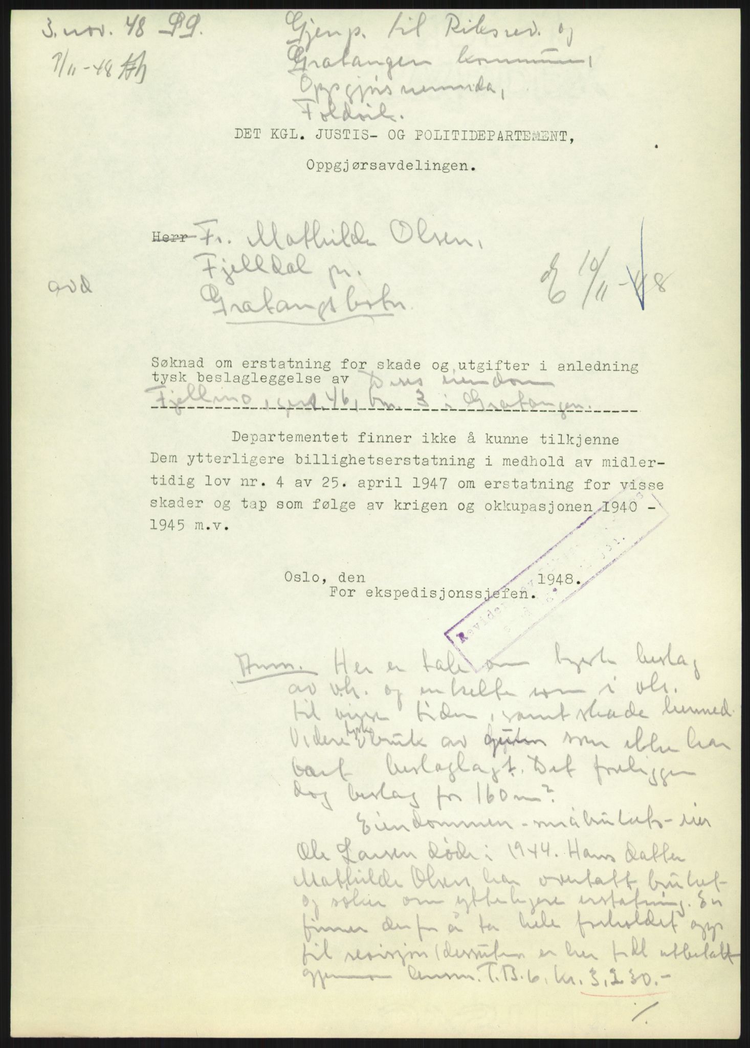Forsvarsdepartementet, 10. kontor / Oppgjørskontoret, AV/RA-RAFA-1225/D/Dd/L0480: Troms, 1942-1953, p. 34
