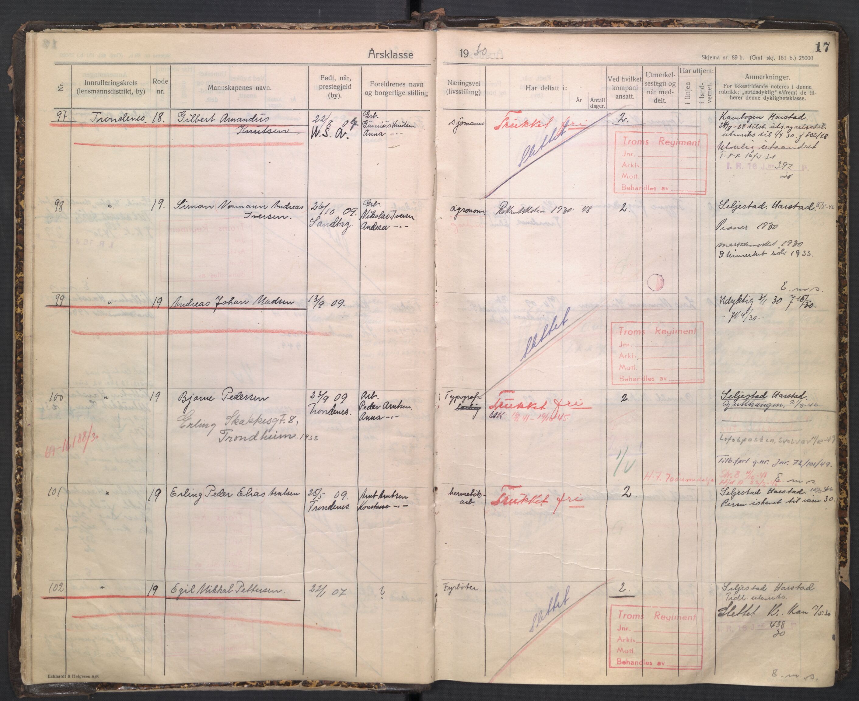 Forsvaret, Troms infanteriregiment nr. 16, AV/RA-RAFA-3146/P/Pa/L0005/0003: Ruller / Rulle for regimentets stridende menige mannskaper, årsklasse 1930, 1930, p. 17