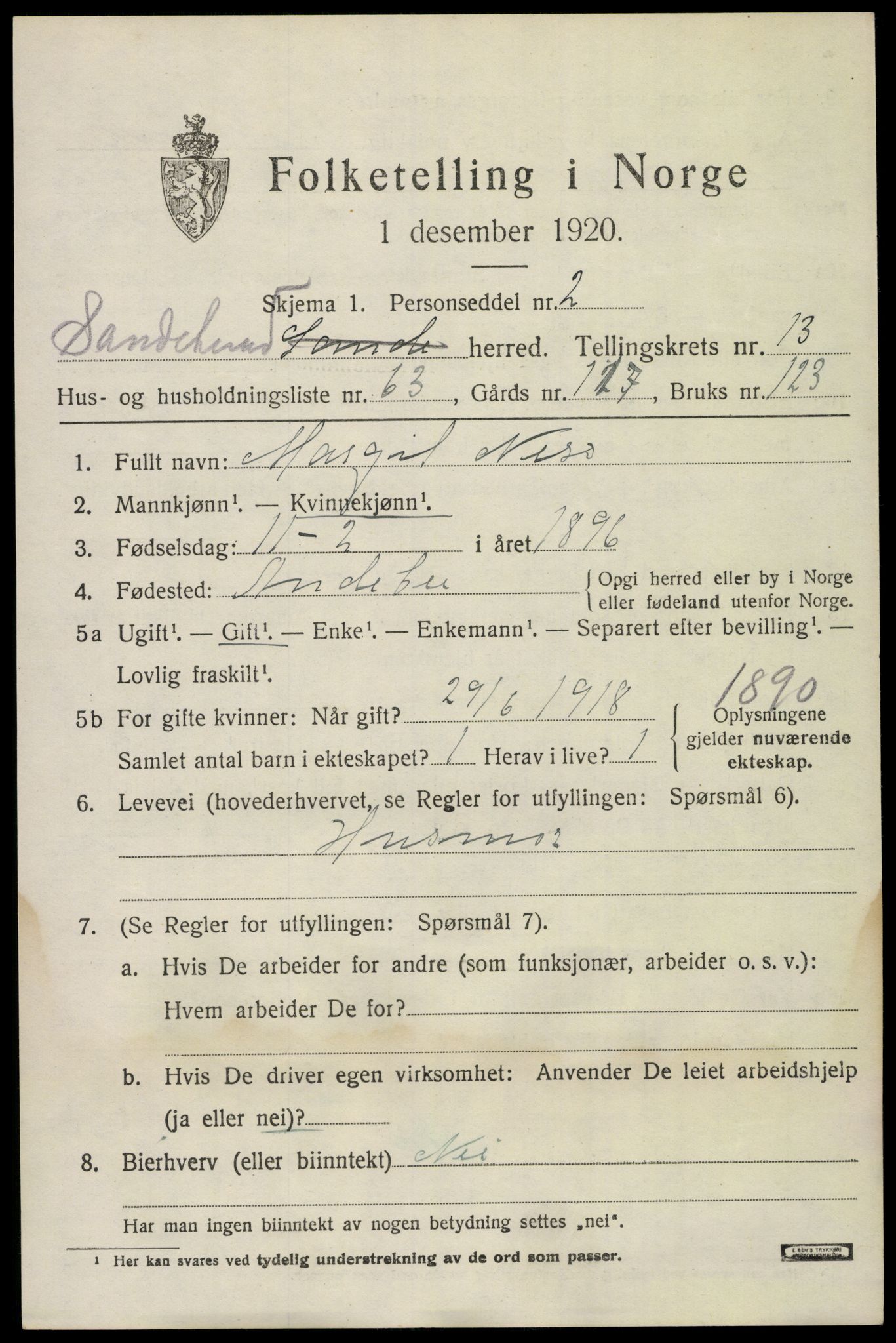SAKO, 1920 census for Sandeherred, 1920, p. 20160