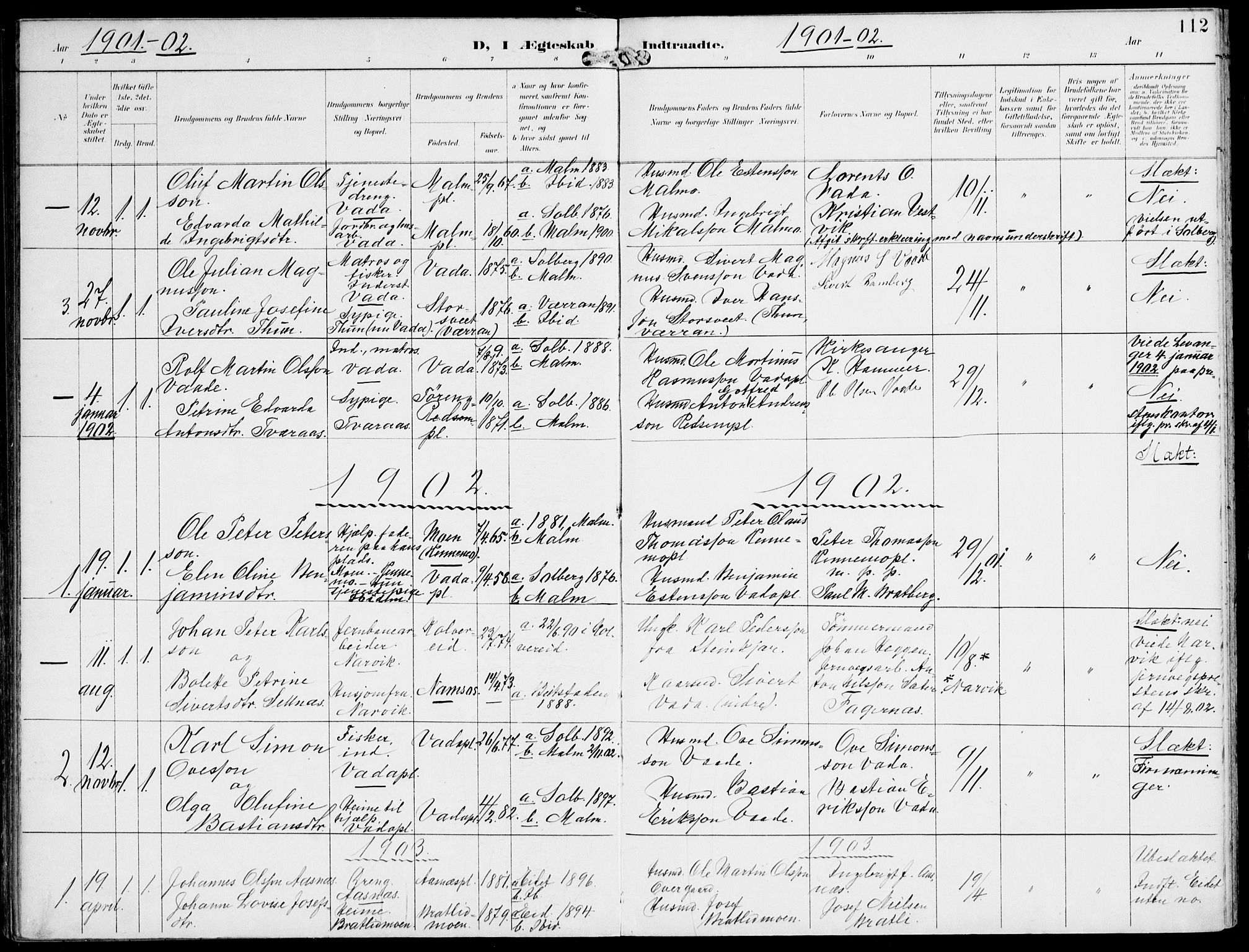 Ministerialprotokoller, klokkerbøker og fødselsregistre - Nord-Trøndelag, SAT/A-1458/745/L0430: Parish register (official) no. 745A02, 1895-1913, p. 112