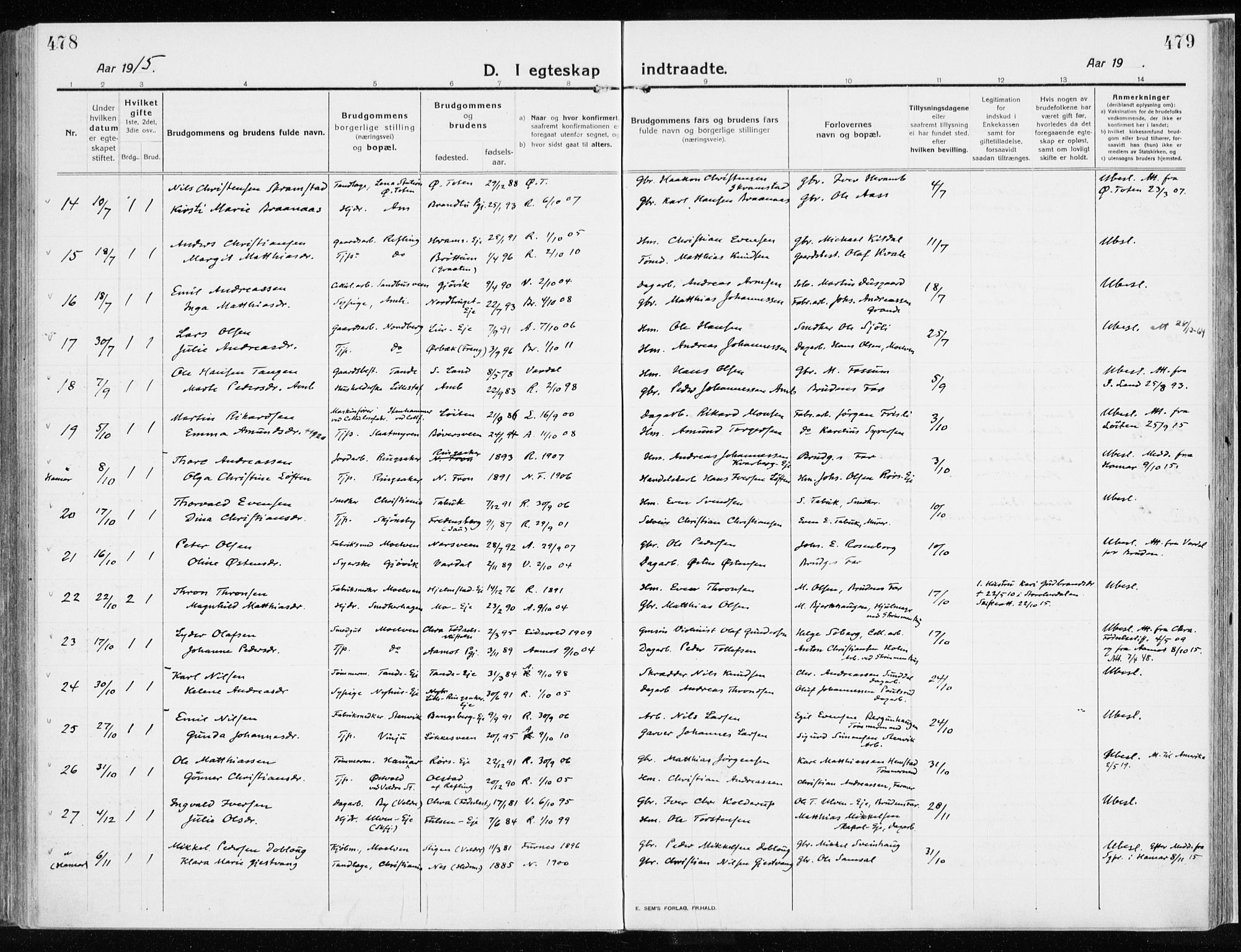 Ringsaker prestekontor, AV/SAH-PREST-014/K/Ka/L0020: Parish register (official) no. 20, 1913-1922, p. 478-479