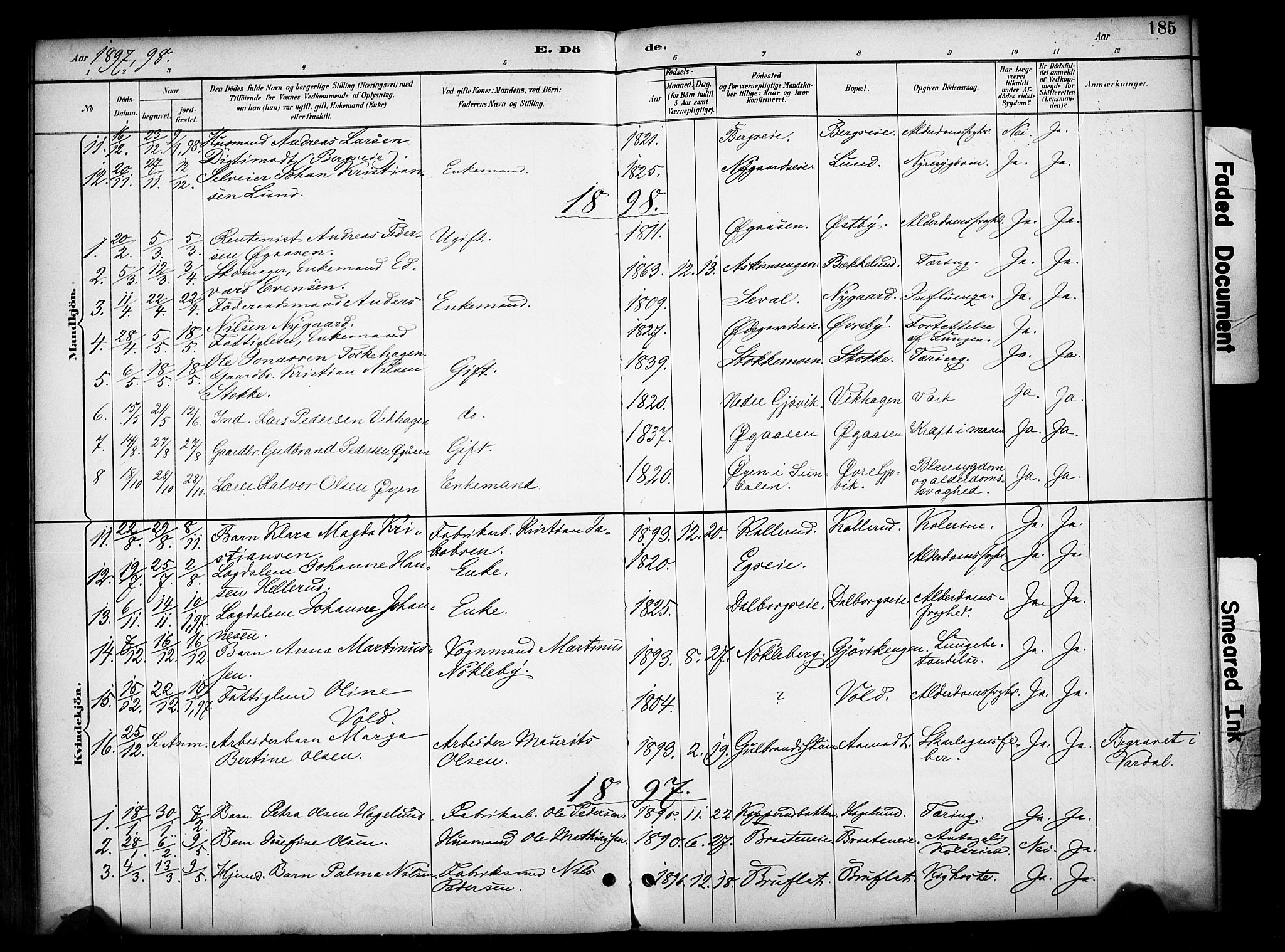 Vardal prestekontor, SAH/PREST-100/H/Ha/Haa/L0012: Parish register (official) no. 12, 1893-1904, p. 185
