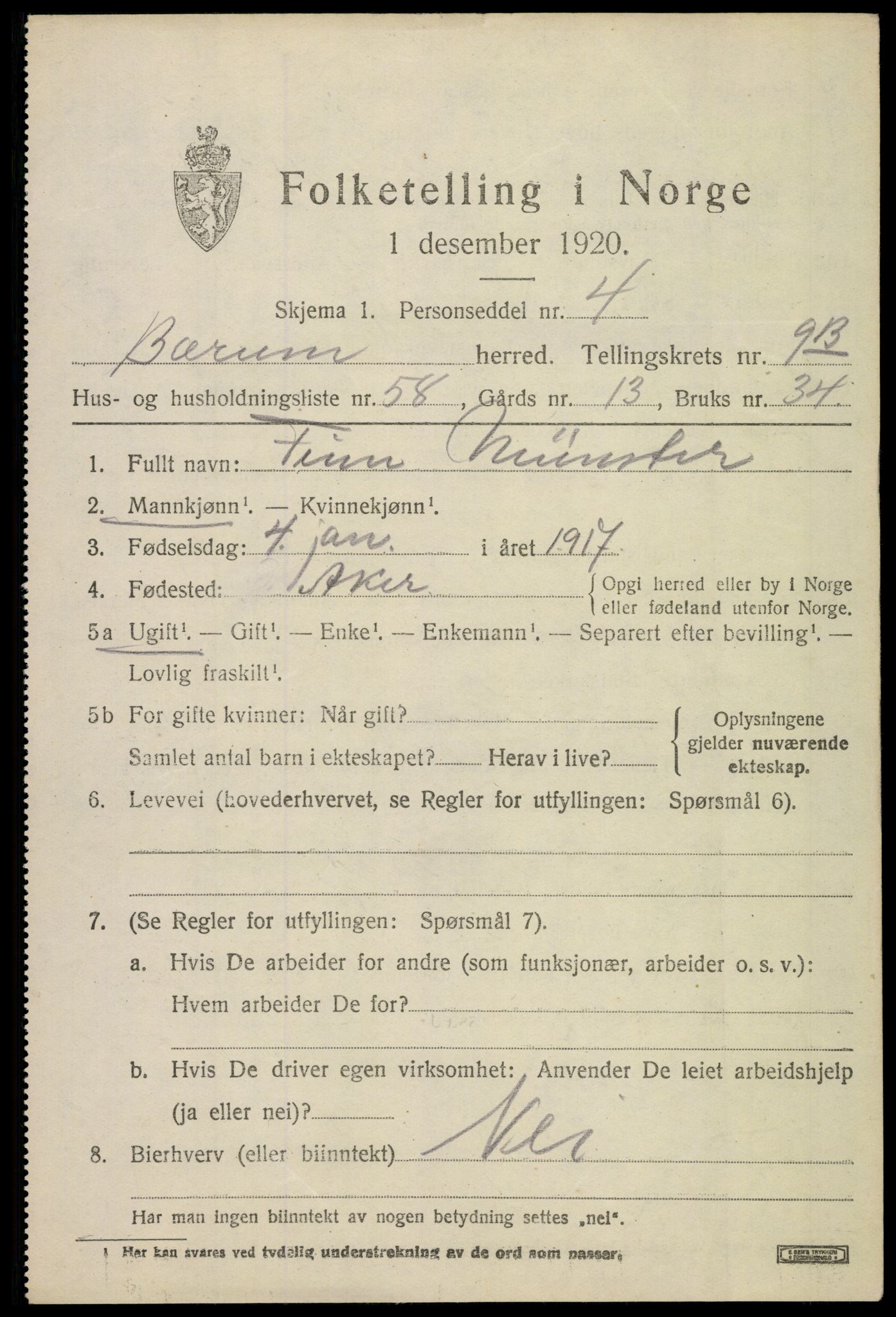 SAO, 1920 census for Bærum, 1920, p. 21404