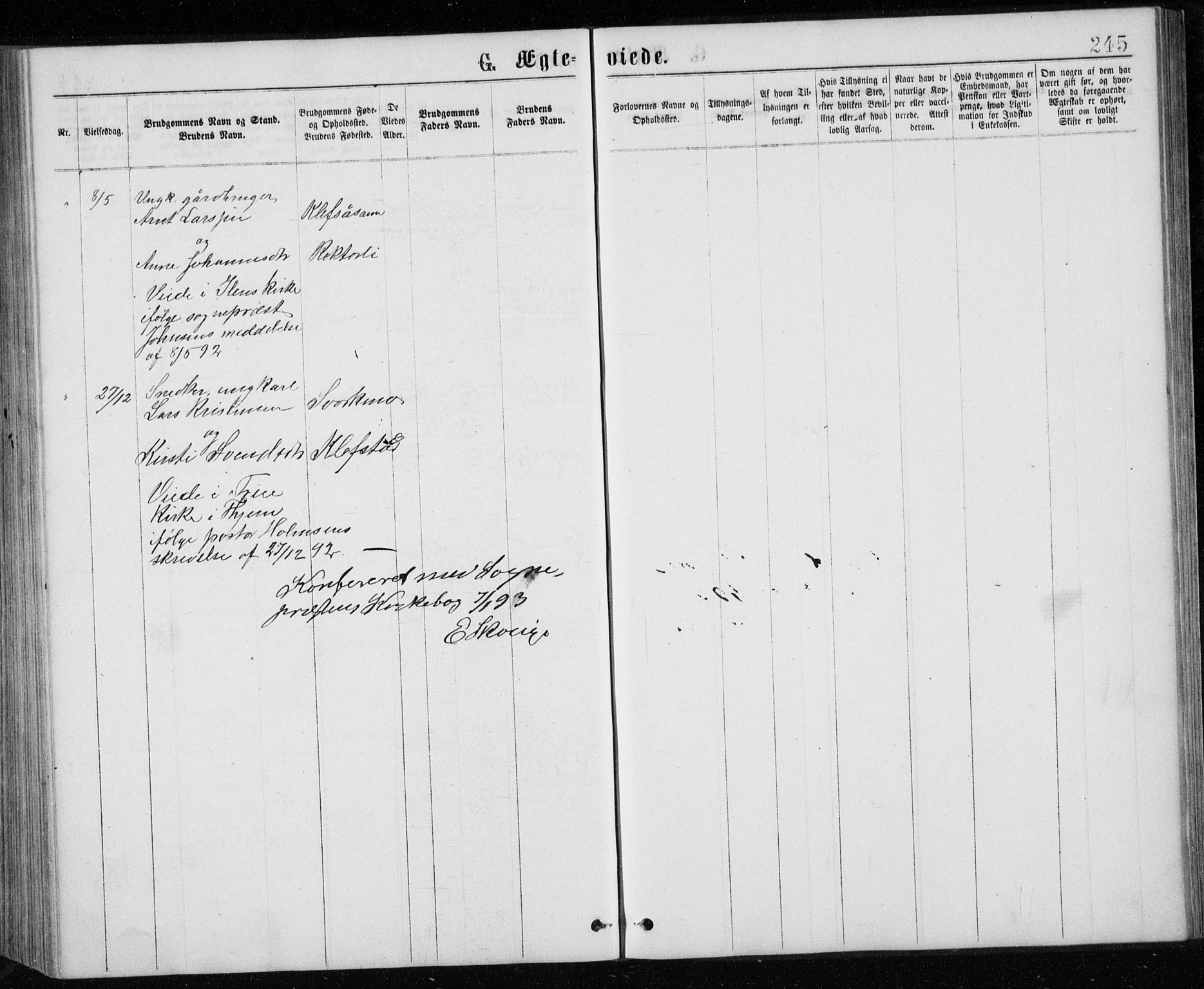 Ministerialprotokoller, klokkerbøker og fødselsregistre - Sør-Trøndelag, AV/SAT-A-1456/671/L0843: Parish register (copy) no. 671C02, 1873-1892, p. 245