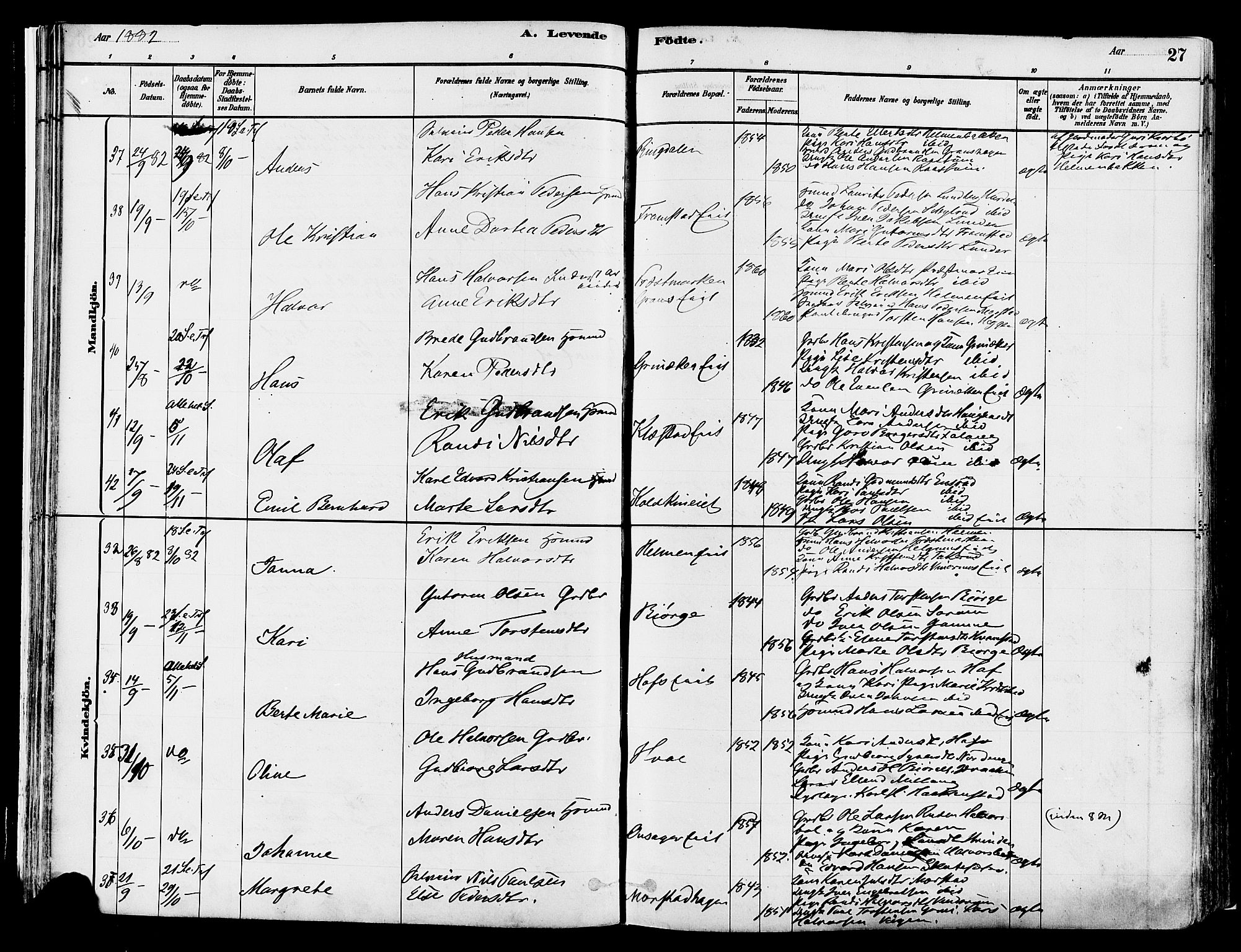 Gran prestekontor, AV/SAH-PREST-112/H/Ha/Haa/L0014: Parish register (official) no. 14, 1880-1889, p. 27