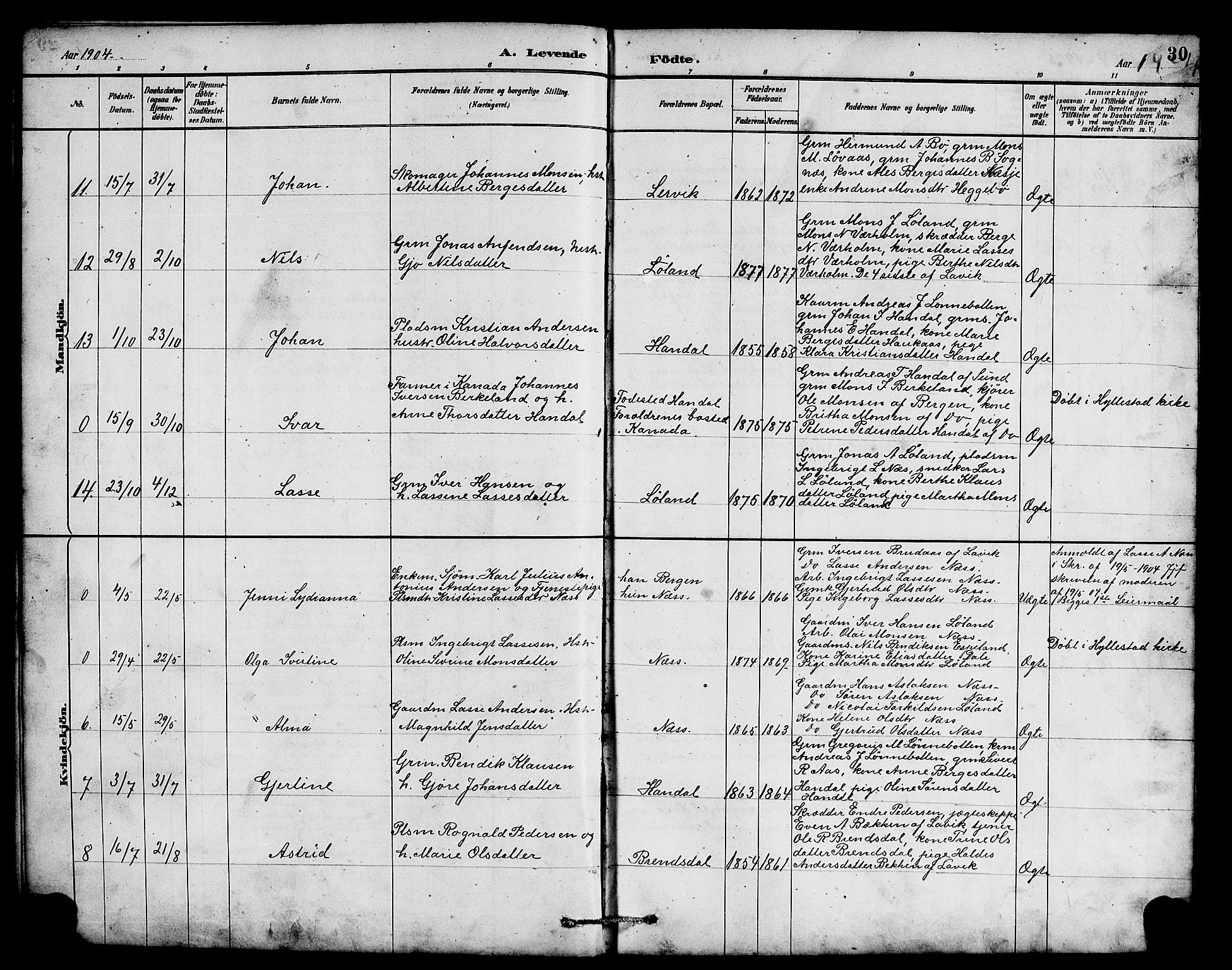 Hyllestad sokneprestembete, AV/SAB-A-80401: Parish register (copy) no. B 2, 1889-1915, p. 30
