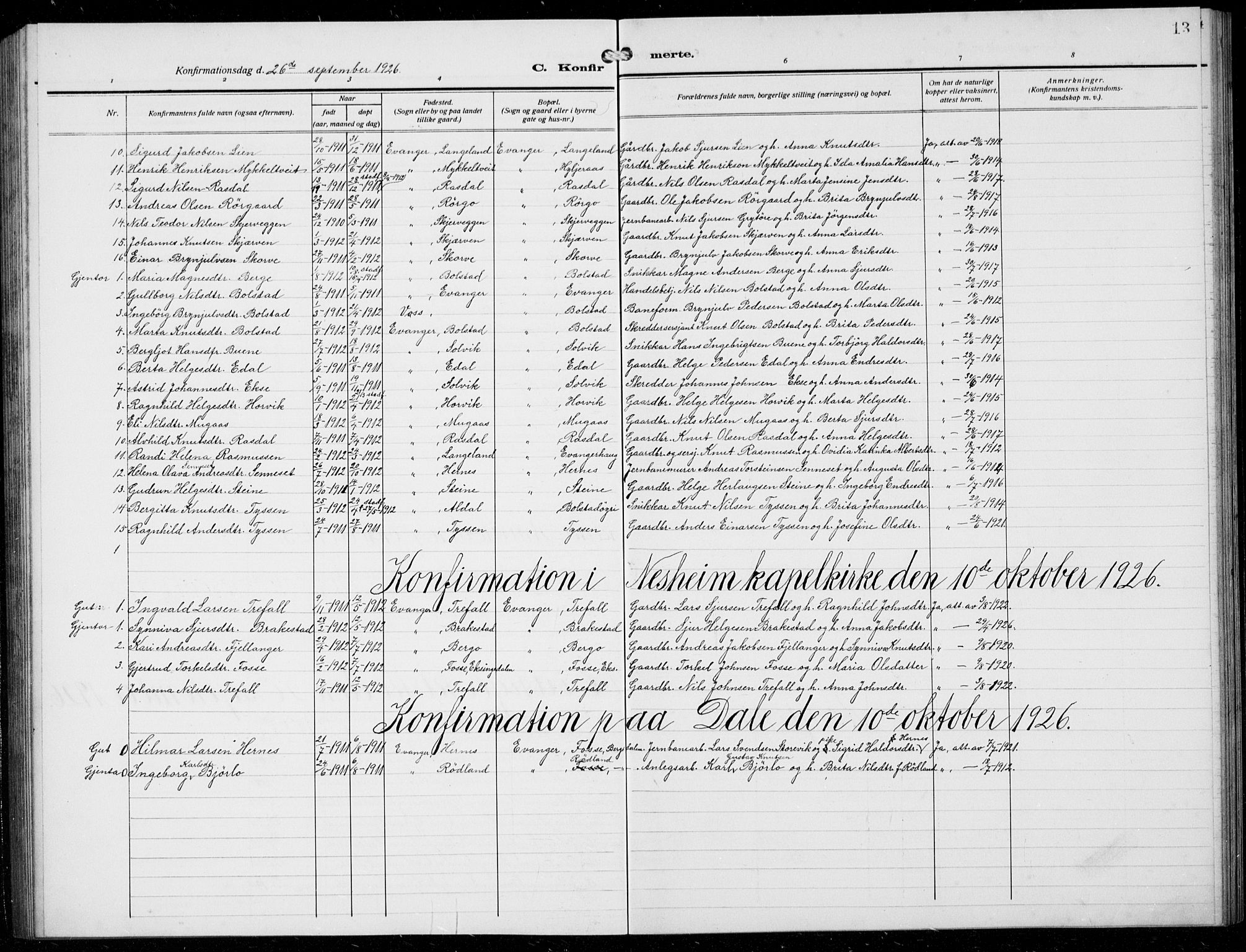 Evanger sokneprestembete, AV/SAB-A-99924: Parish register (copy) no. A 6, 1918-1941, p. 13