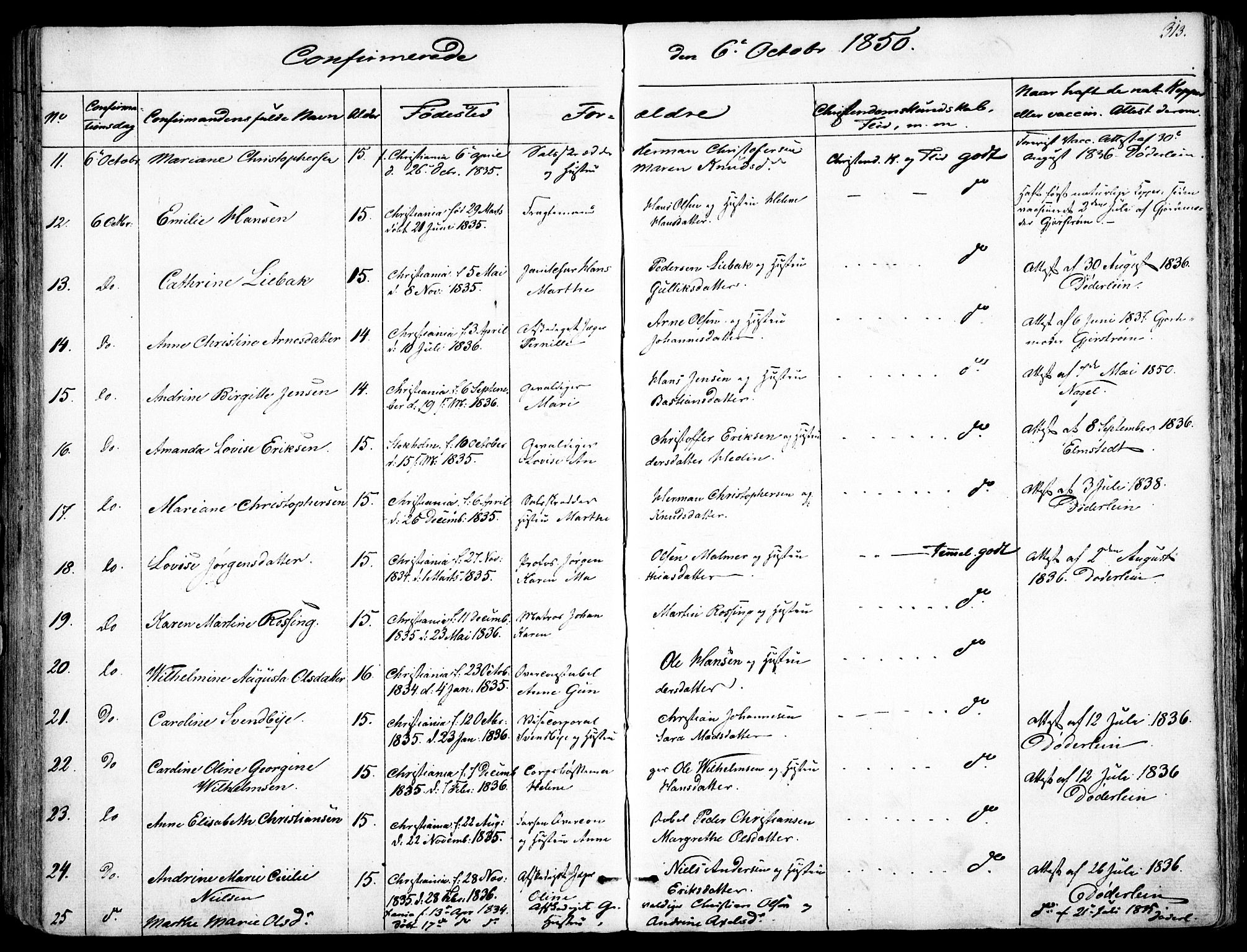 Garnisonsmenigheten Kirkebøker, AV/SAO-A-10846/F/Fa/L0008: Parish register (official) no. 8, 1842-1859, p. 313