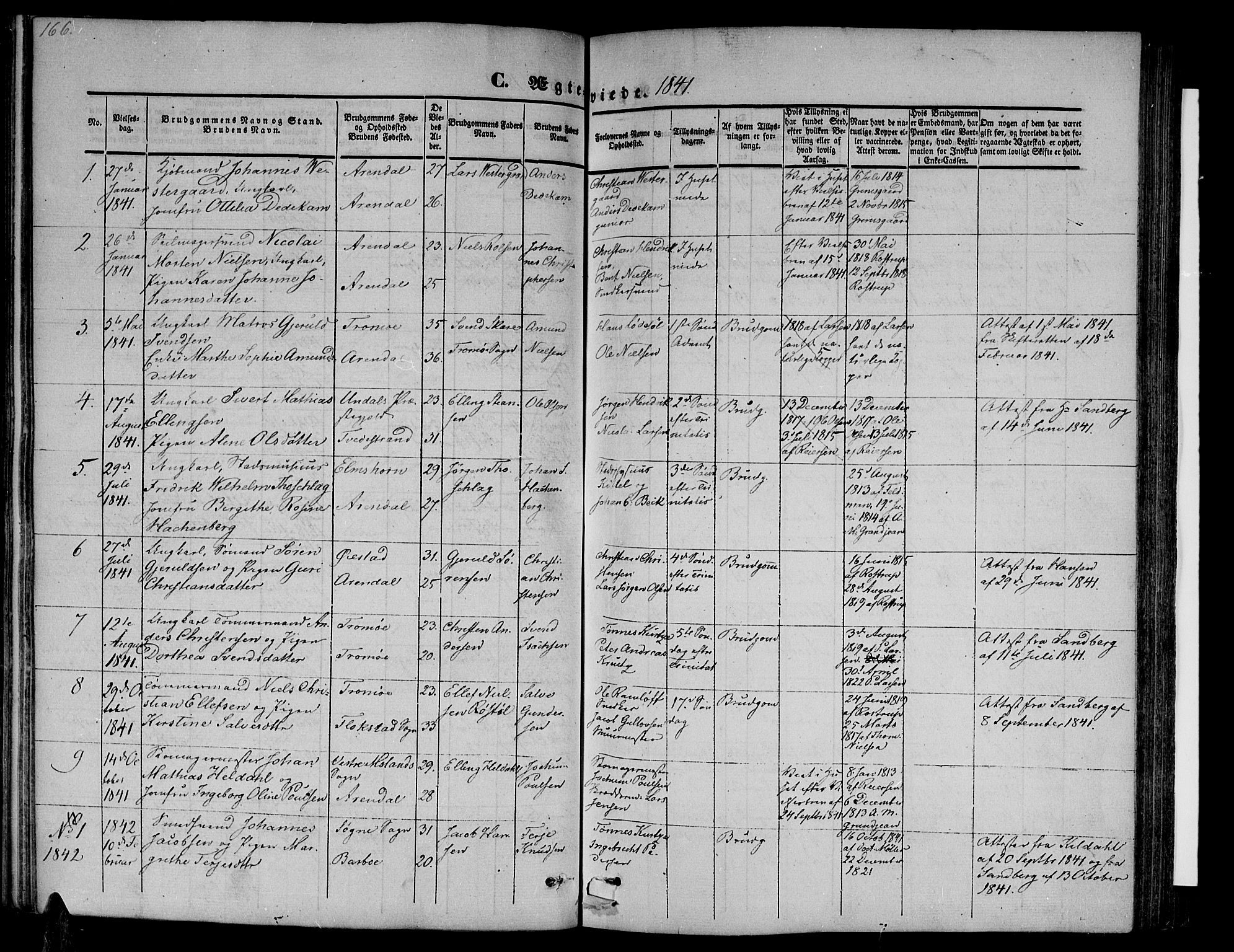 Arendal sokneprestkontor, Trefoldighet, SAK/1111-0040/F/Fb/L0002: Parish register (copy) no. B 2, 1838-1860, p. 166