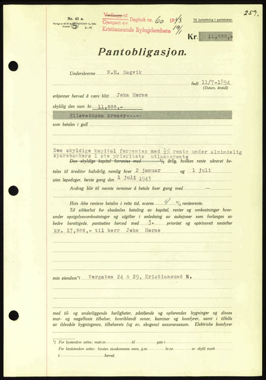 Kristiansund byfogd, SAT/A-4587/A/27: Mortgage book no. 36, 1942-1943, Diary no: : 60/1943