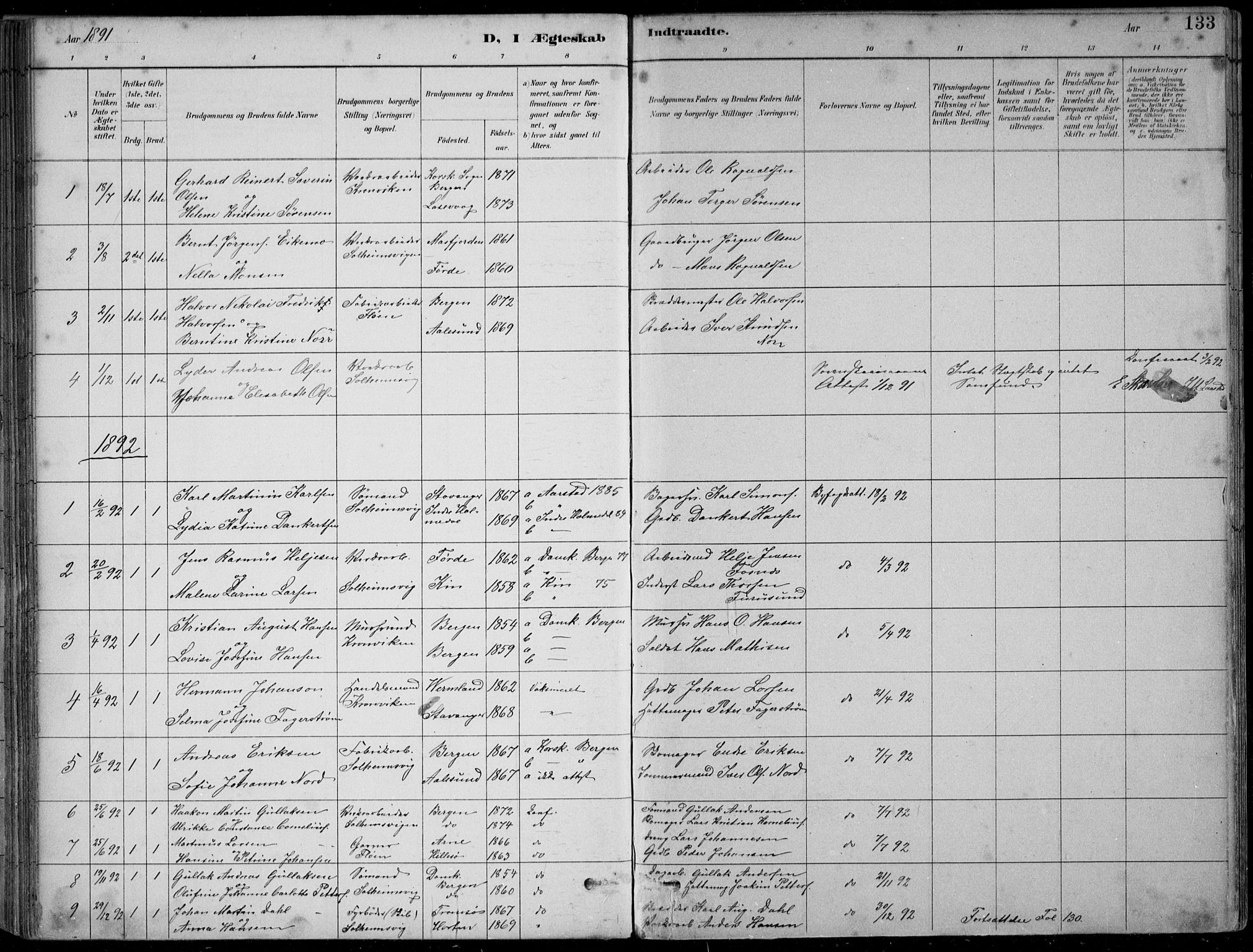 Årstad Sokneprestembete, SAB/A-79301/H/Hab/L0011: Parish register (copy) no. B 1, 1886-1901, p. 133