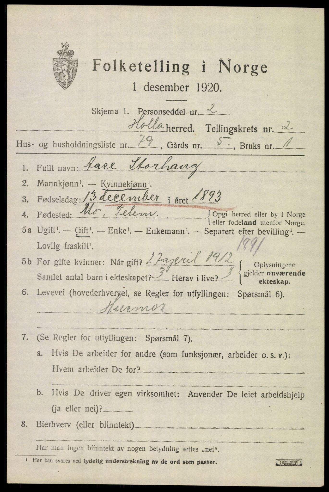 SAKO, 1920 census for Holla, 1920, p. 2557