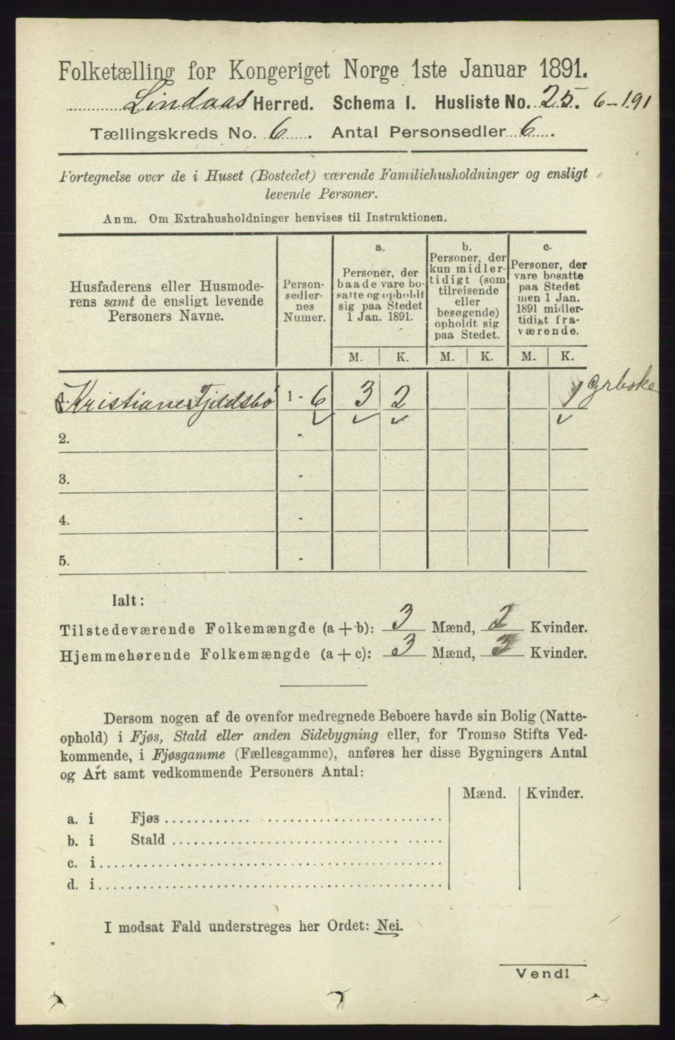 RA, 1891 census for 1263 Lindås, 1891, p. 1843