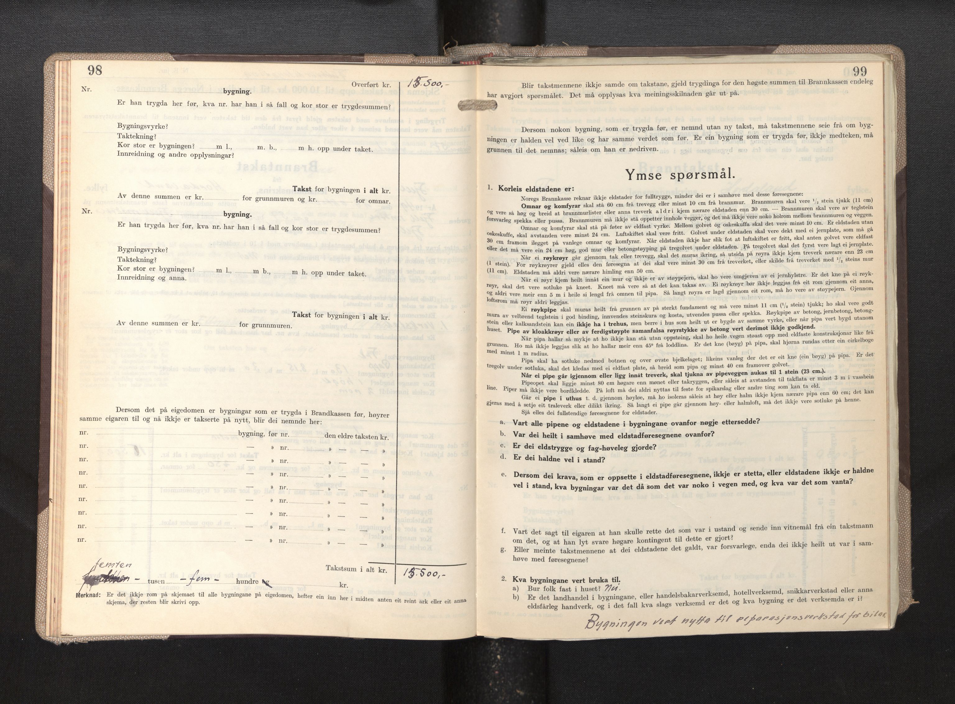 Lensmannen i Fjell, AV/SAB-A-32301/0012/L0007: Branntakstprotokoll, skjematakst, 1946-1955, p. 98-99
