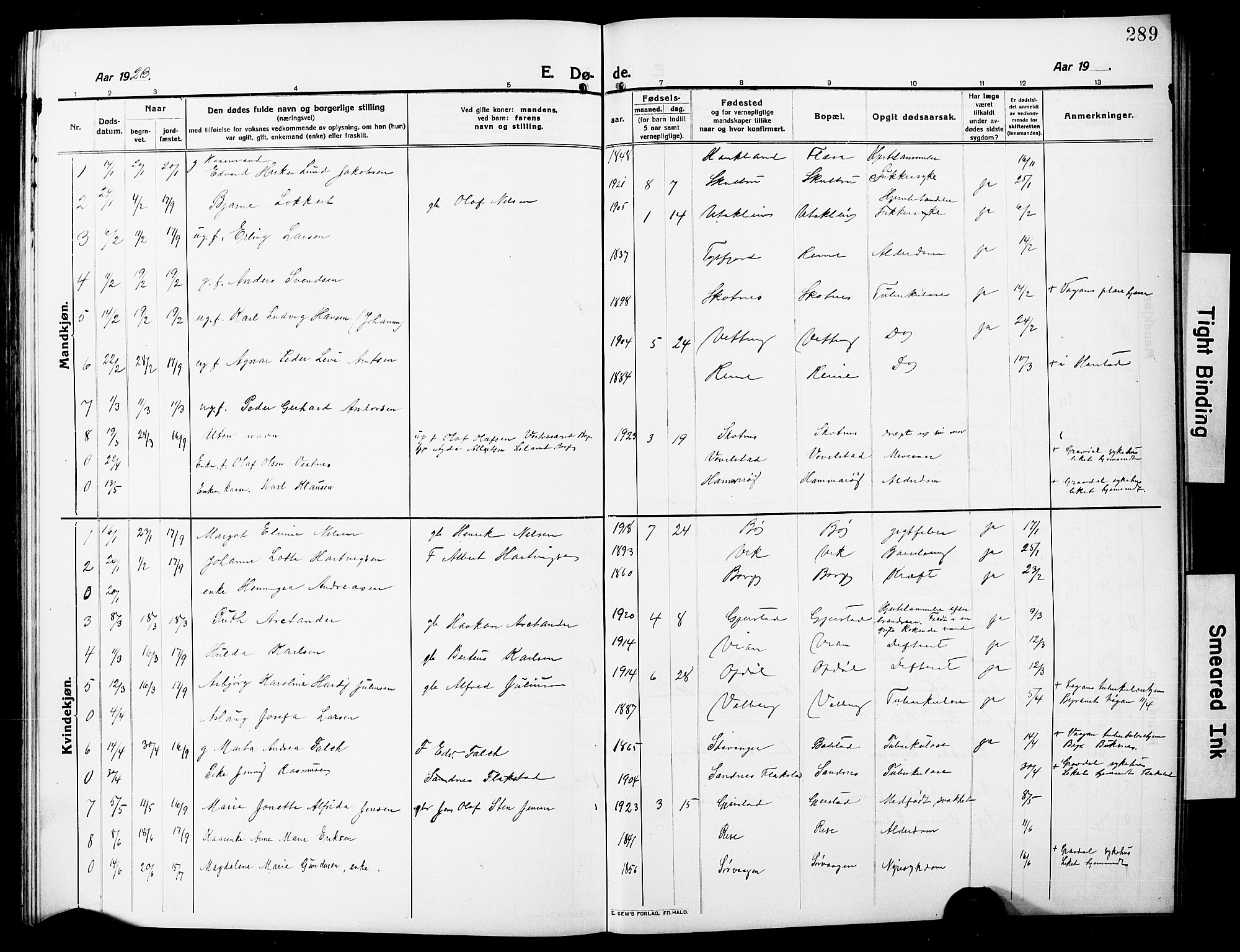 Ministerialprotokoller, klokkerbøker og fødselsregistre - Nordland, AV/SAT-A-1459/881/L1169: Parish register (copy) no. 881C06, 1912-1930, p. 289