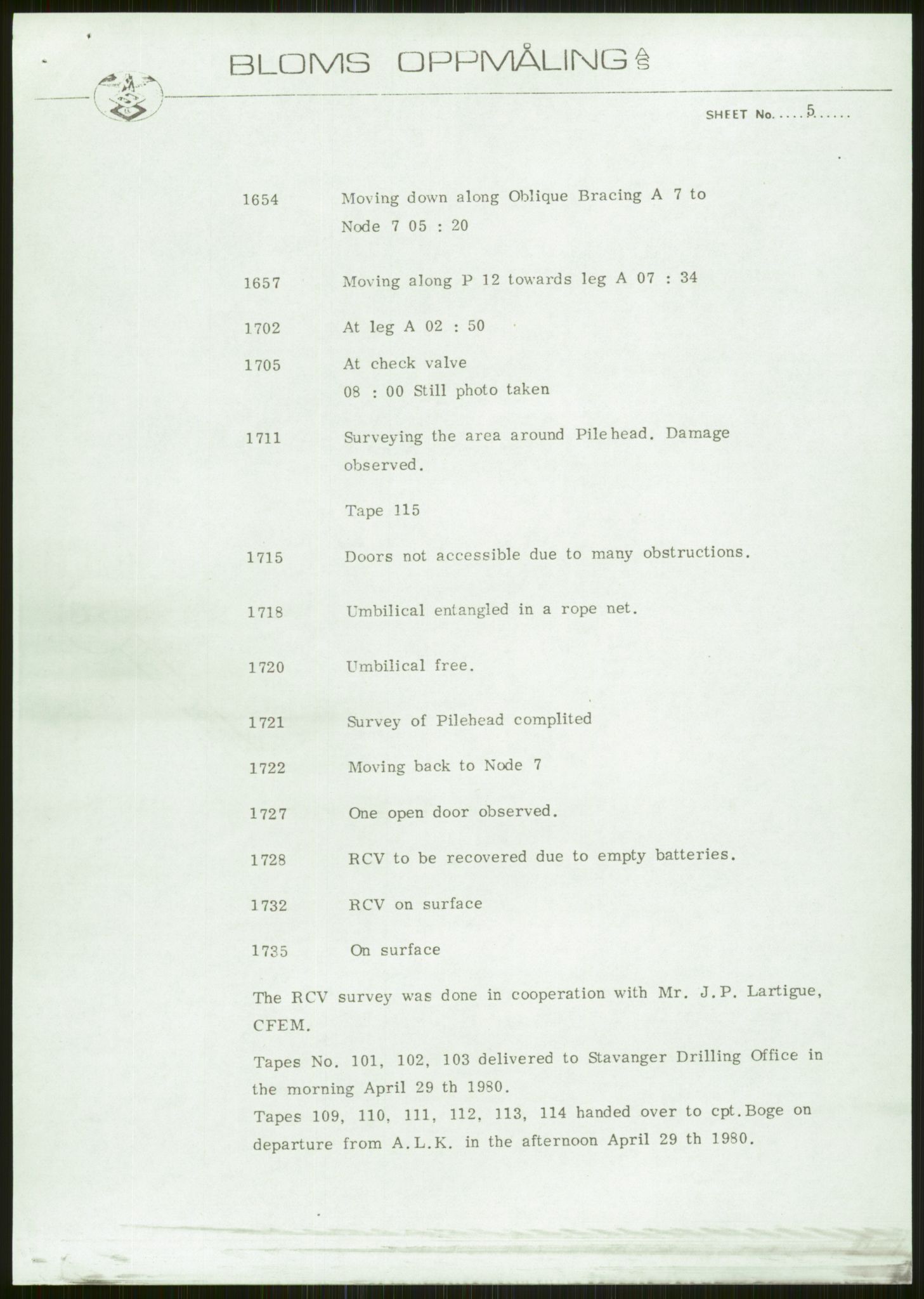 Justisdepartementet, Granskningskommisjonen ved Alexander Kielland-ulykken 27.3.1980, AV/RA-S-1165/D/L0006: A Alexander L. Kielland (Doku.liste + A3-A6, A11-A13, A18-A20-A21, A23, A31 av 31)/Dykkerjournaler, 1980-1981, p. 190