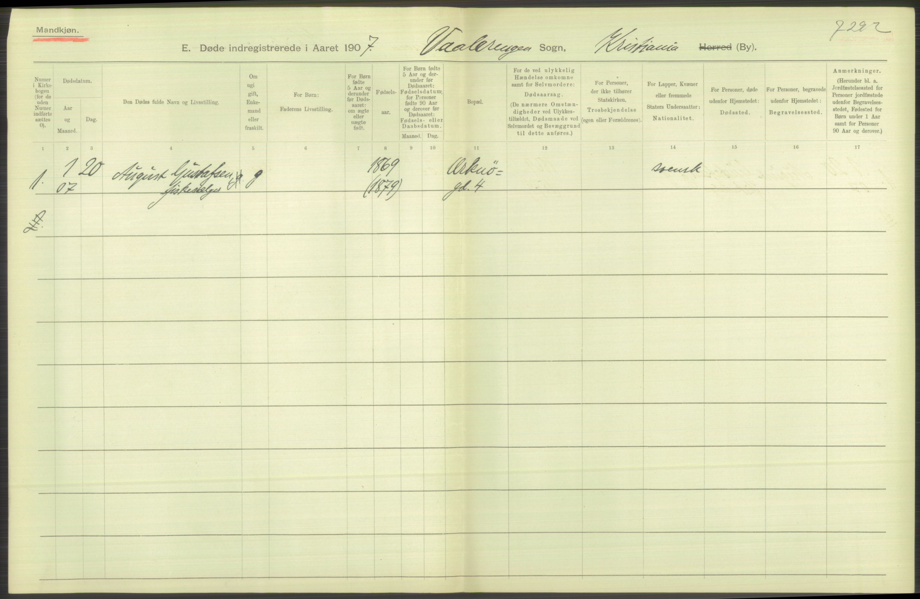 Statistisk sentralbyrå, Sosiodemografiske emner, Befolkning, RA/S-2228/D/Df/Dfa/Dfae/L0009: Kristiania: Døde, 1907, p. 108