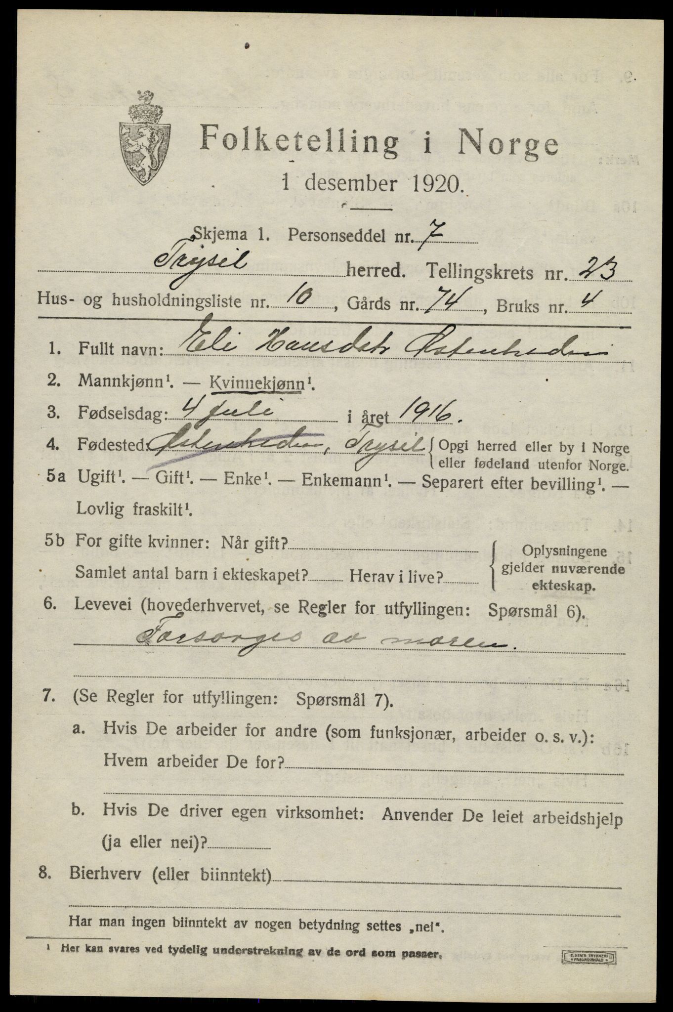 SAH, 1920 census for Trysil, 1920, p. 14959