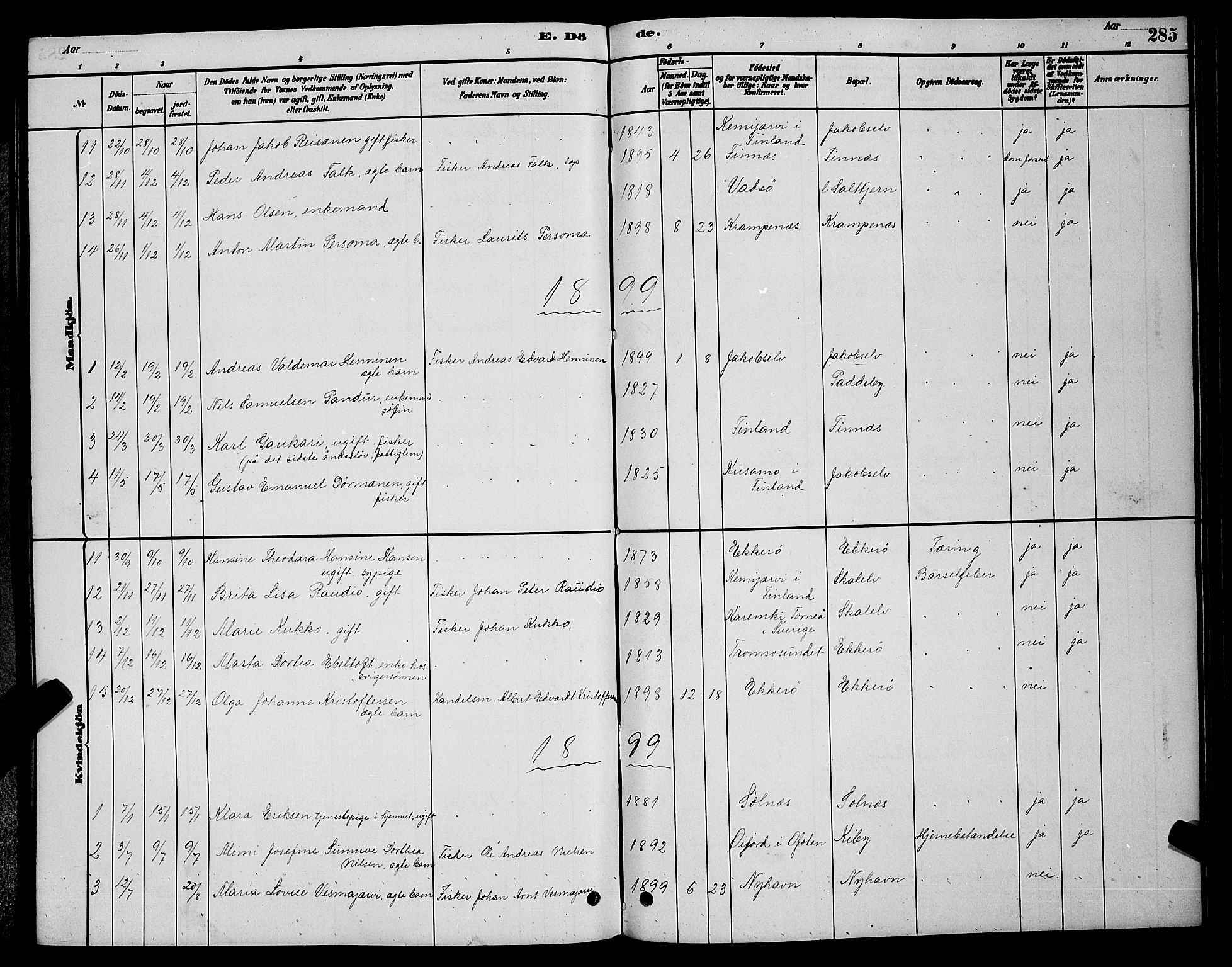 Vadsø sokneprestkontor, SATØ/S-1325/H/Hb/L0003klokker: Parish register (copy) no. 3, 1881-1901, p. 285