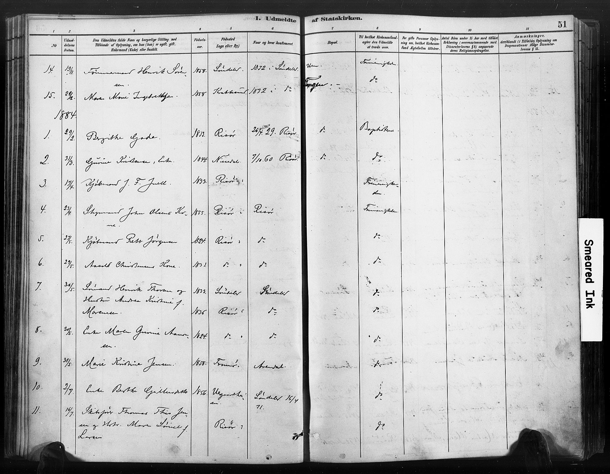 Risør sokneprestkontor, SAK/1111-0035/F/Fa/L0006: Parish register (official) no. A 6, 1883-1908, p. 51