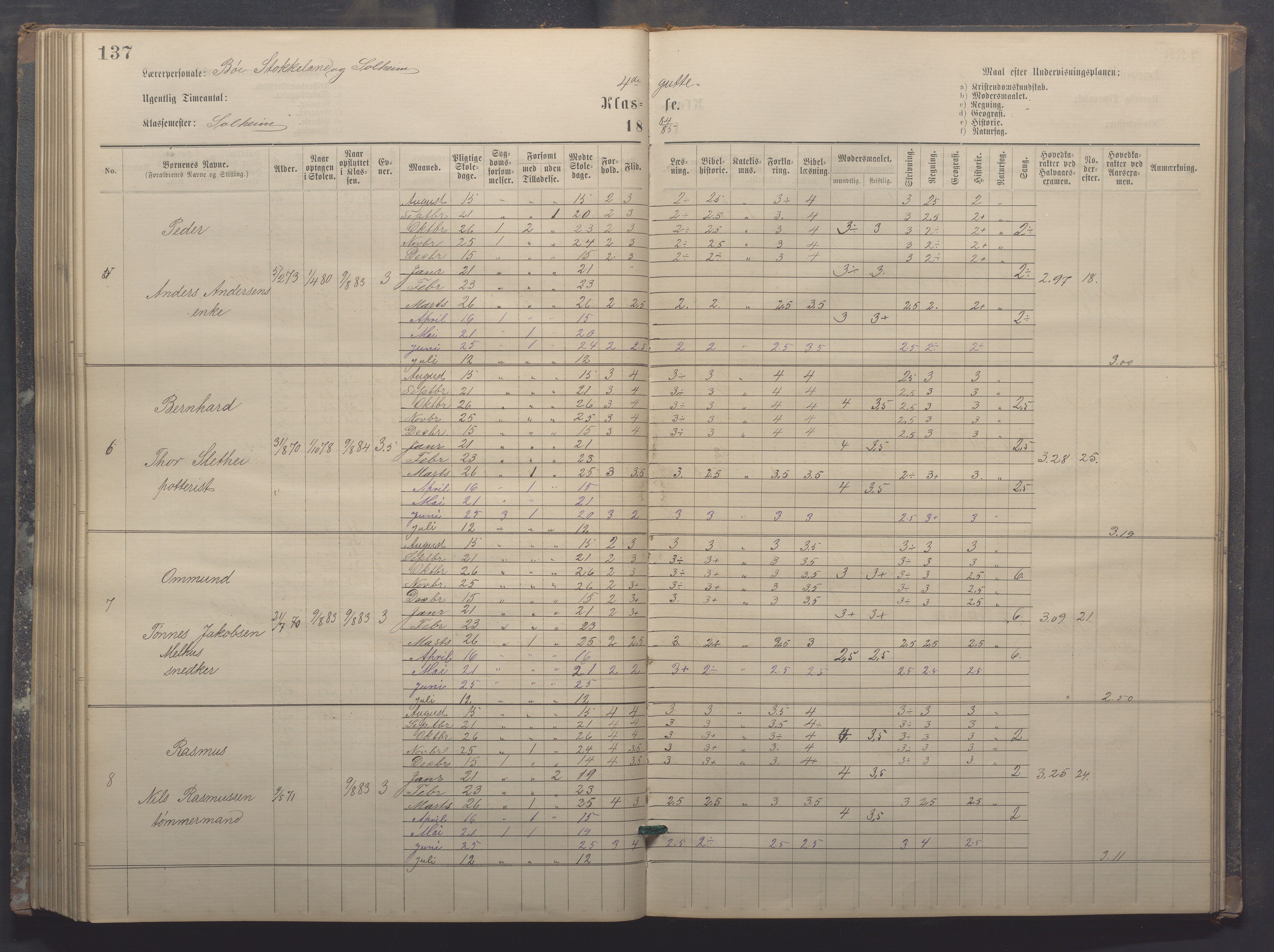 Egersund kommune (Ladested) - Egersund almueskole/folkeskole, IKAR/K-100521/H/L0017: Skoleprotokoll - Almueskolen, 5./6. klasse, 1877-1887, p. 137