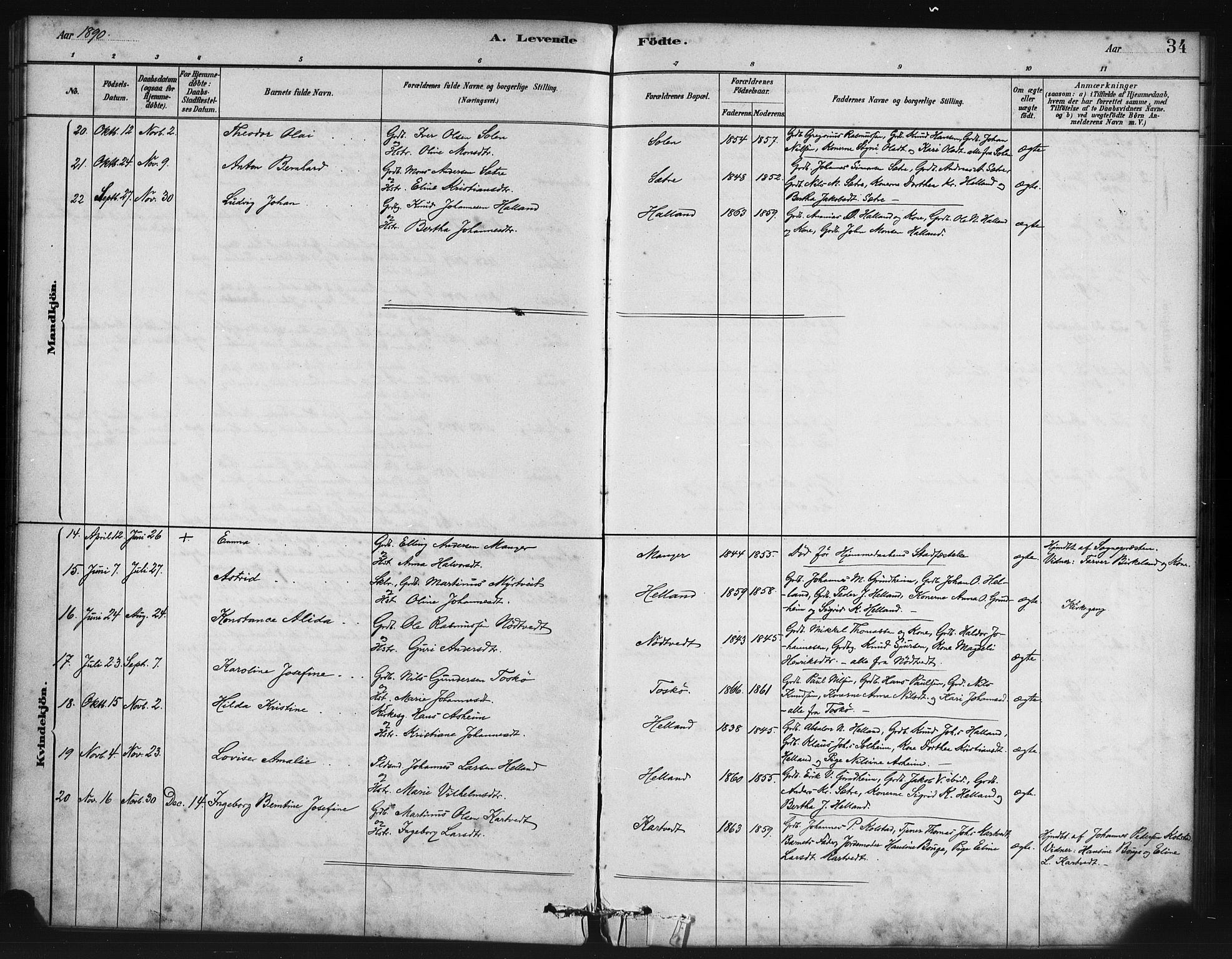 Manger sokneprestembete, SAB/A-76801/H/Haa: Parish register (official) no. B 1, 1881-1892, p. 34