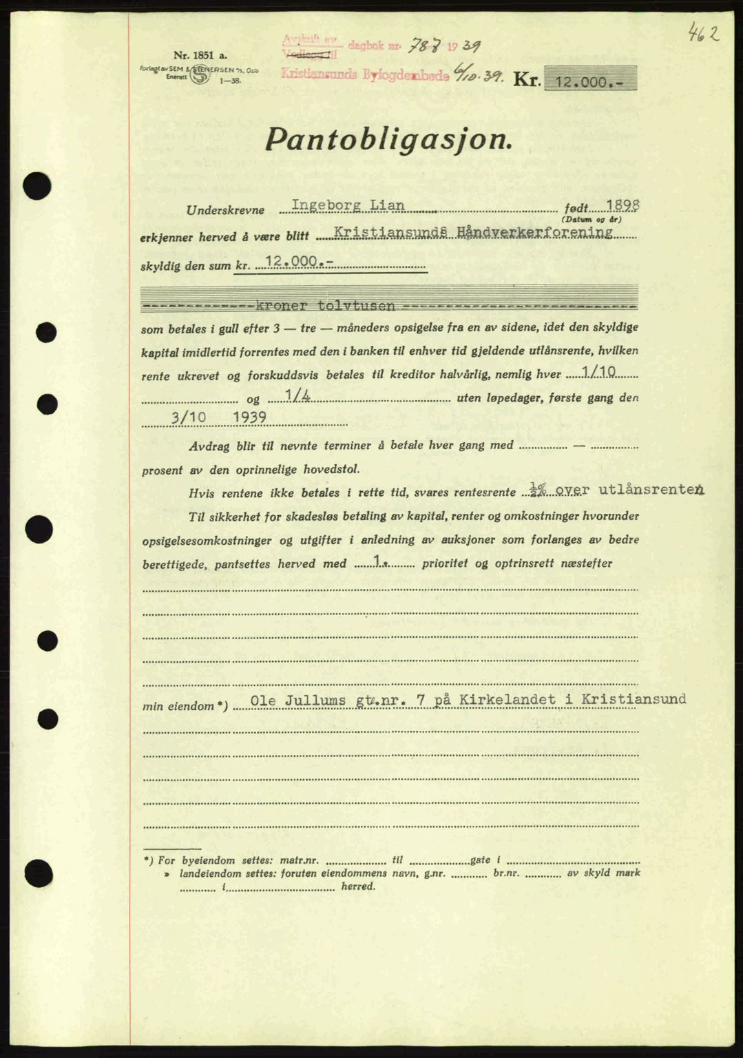 Kristiansund byfogd, AV/SAT-A-4587/A/27: Mortgage book no. 31, 1938-1939, Diary no: : 787/1939