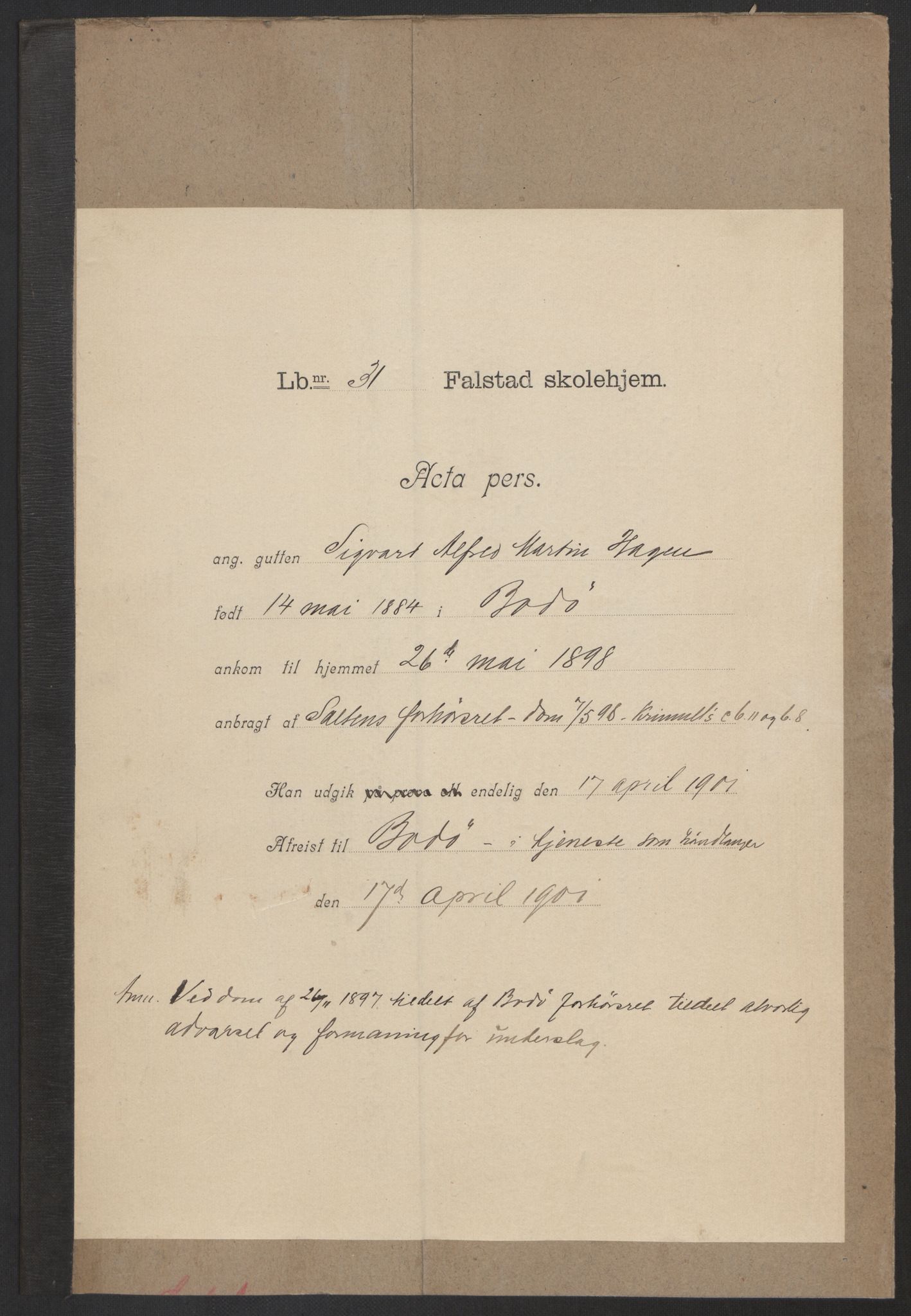 Falstad skolehjem, AV/RA-S-1676/E/Eb/L0001: Elevmapper løpenr. 10-41, 1895-1905, p. 395