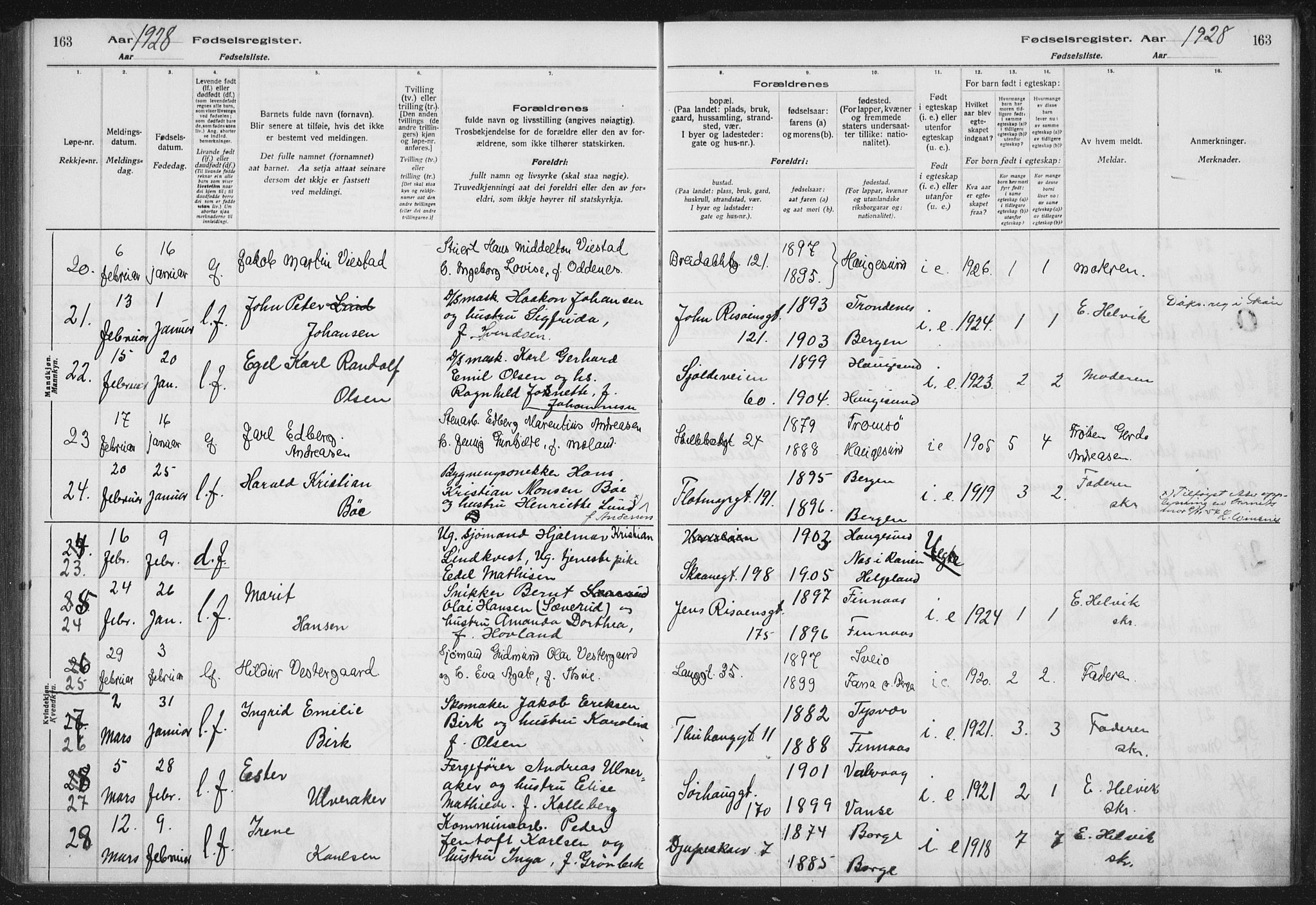 Haugesund sokneprestkontor, AV/SAST-A -101863/I/Id/L0005: Birth register no. 3, 1923-1929, p. 163