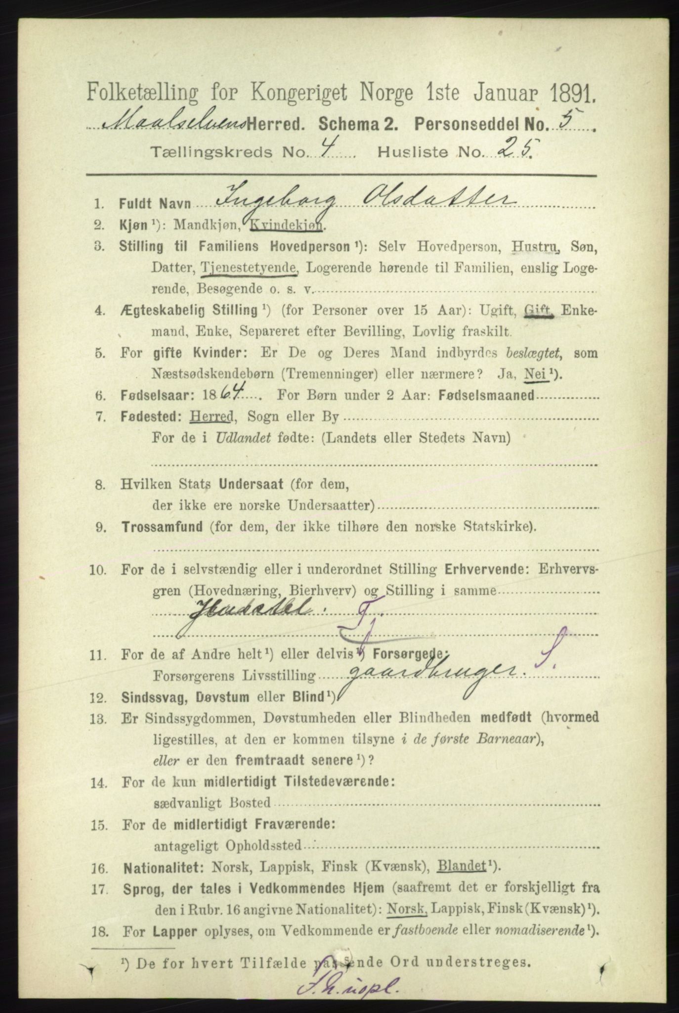 RA, 1891 census for 1924 Målselv, 1891, p. 1257