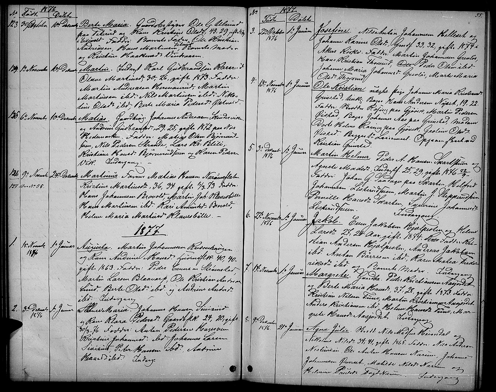 Vestre Toten prestekontor, SAH/PREST-108/H/Ha/Hab/L0006: Parish register (copy) no. 6, 1870-1887, p. 55
