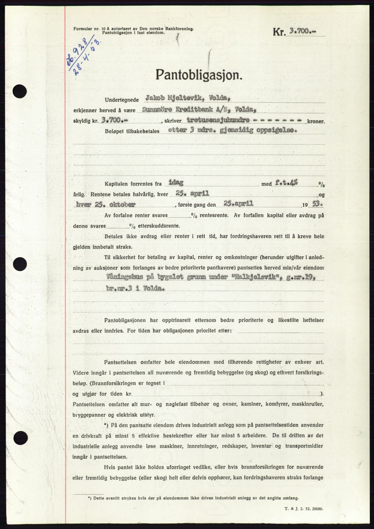 Søre Sunnmøre sorenskriveri, SAT/A-4122/1/2/2C/L0123: Mortgage book no. 11B, 1953-1953, Diary no: : 928/1953