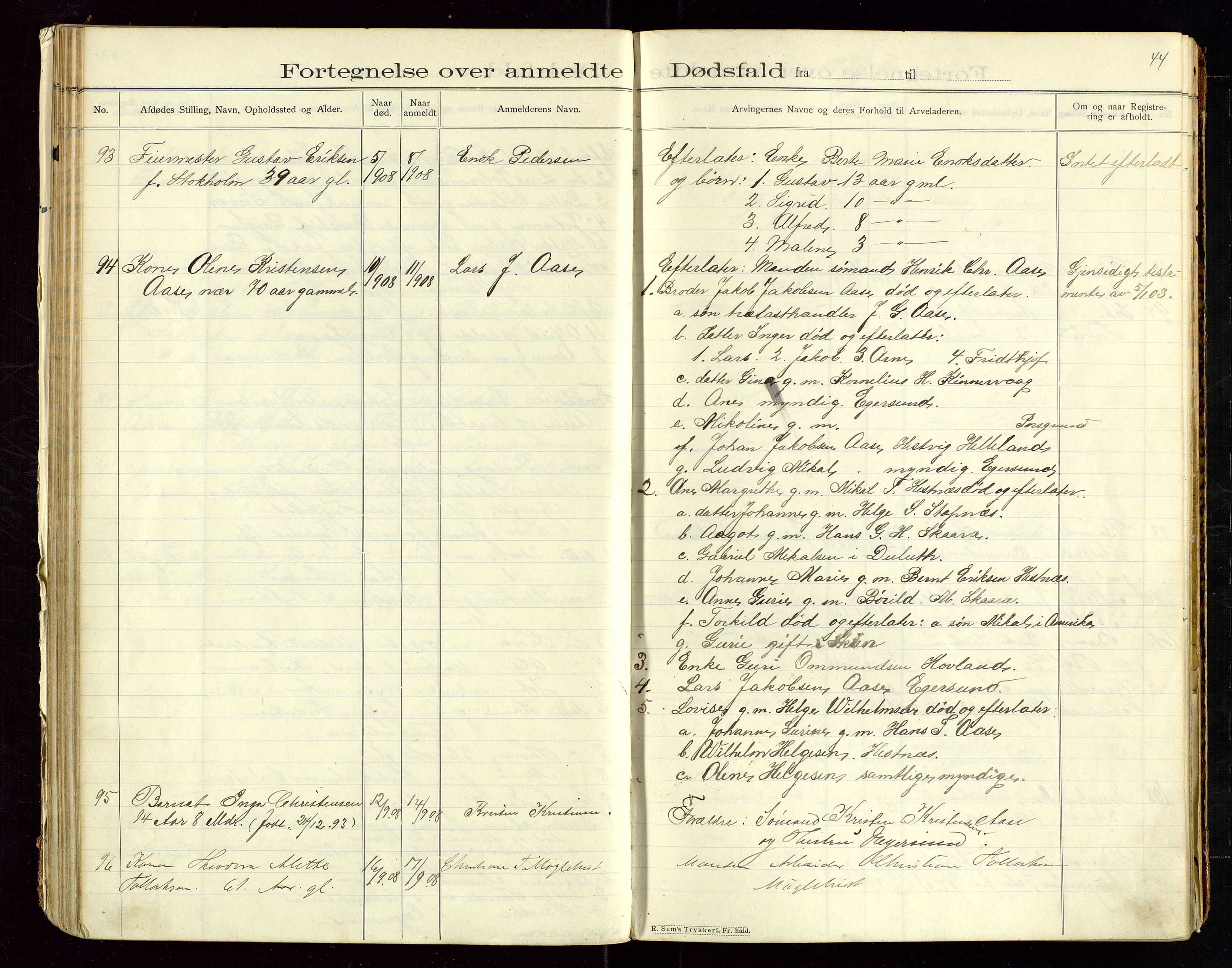 Eigersund lensmannskontor, AV/SAST-A-100171/Gga/L0005: "Dødsfalds-Protokol" m/alfabetisk navneregister, 1905-1913, p. 44