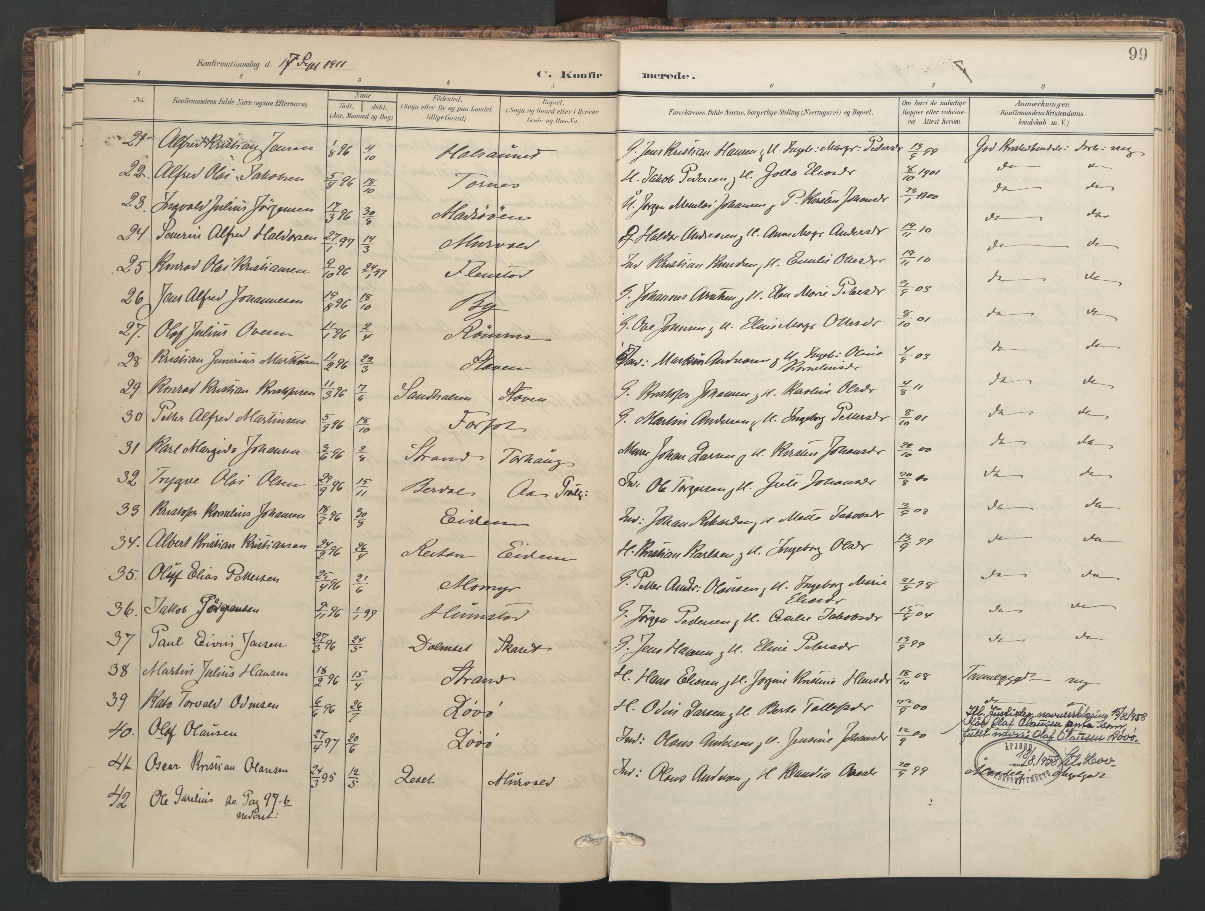 Ministerialprotokoller, klokkerbøker og fødselsregistre - Sør-Trøndelag, SAT/A-1456/655/L0682: Parish register (official) no. 655A11, 1908-1922, p. 99