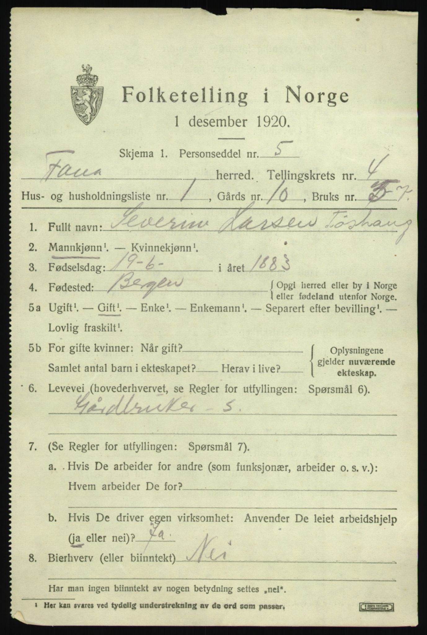 SAB, 1920 census for Fana, 1920, p. 5483